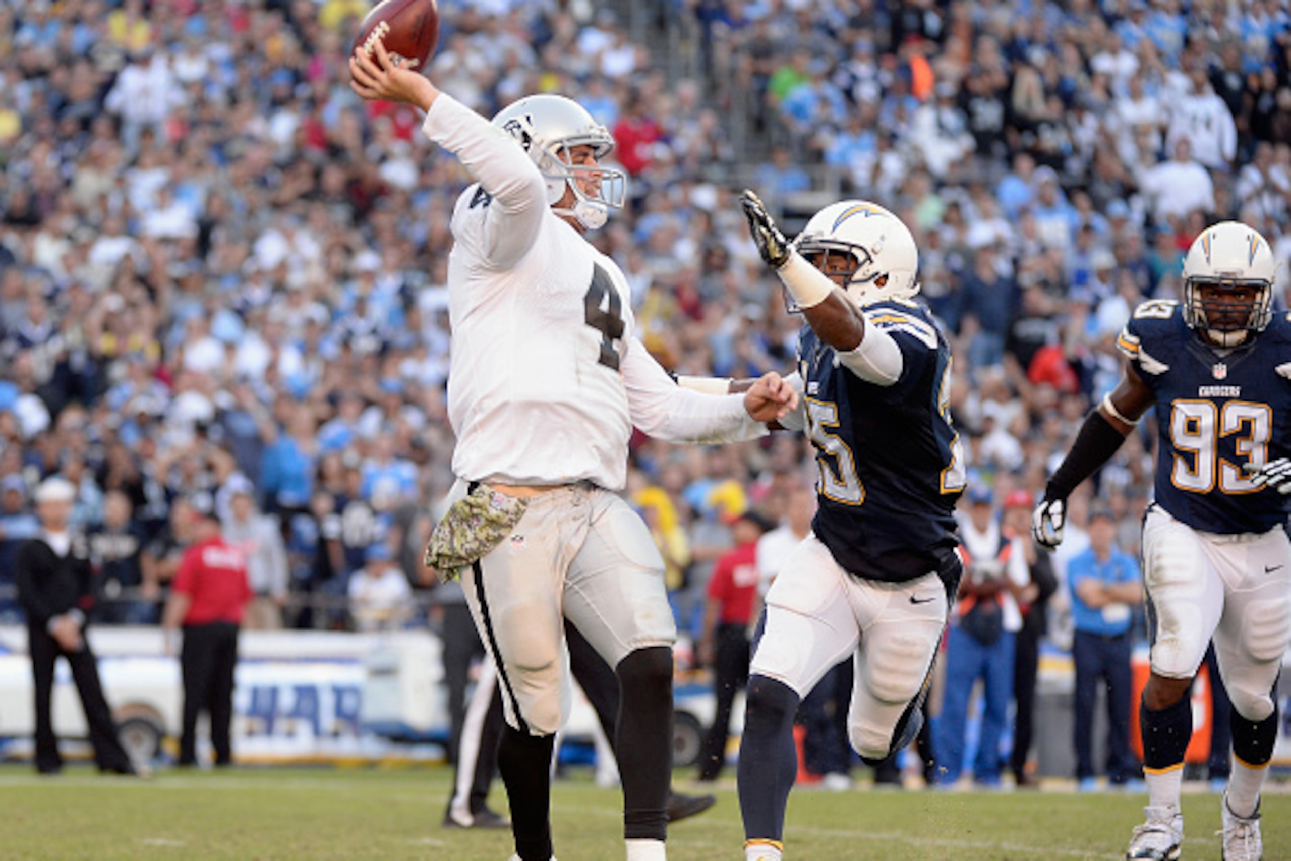 SAN DIEGO, CA - NOVEMBER 16:  Quarterback Derek Carr #4 of the Oakland Raiders throws the ball away in the fourth quarter in front of Darrell Stuckey #25 of the San Diego Chargers at Qualcomm Stadium on November 16, 2014 in San Diego, California.  (Photo 