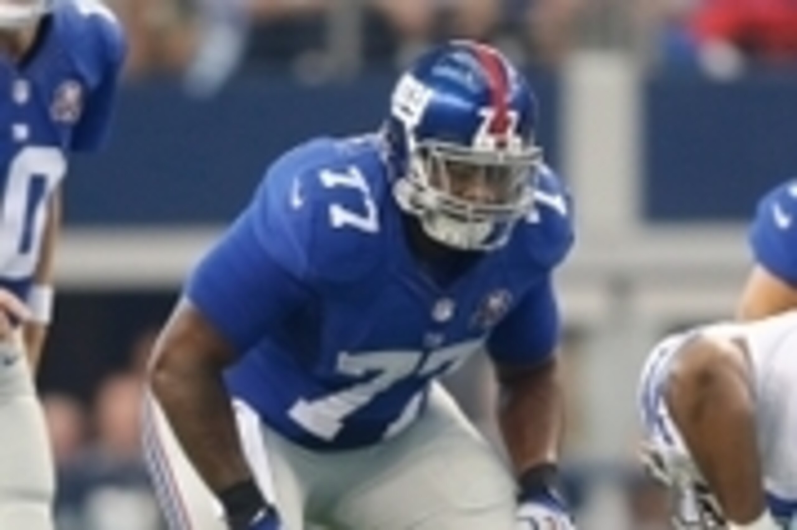 Oct 19, 2014; Arlington, TX, USA; New York Giants guard John Jerry (77)  in game action against the Dallas Cowboys at AT&T Stadium.  Dallas beat New York 31-21. Mandatory Credit: Tim Heitman-USA TODAY Sports