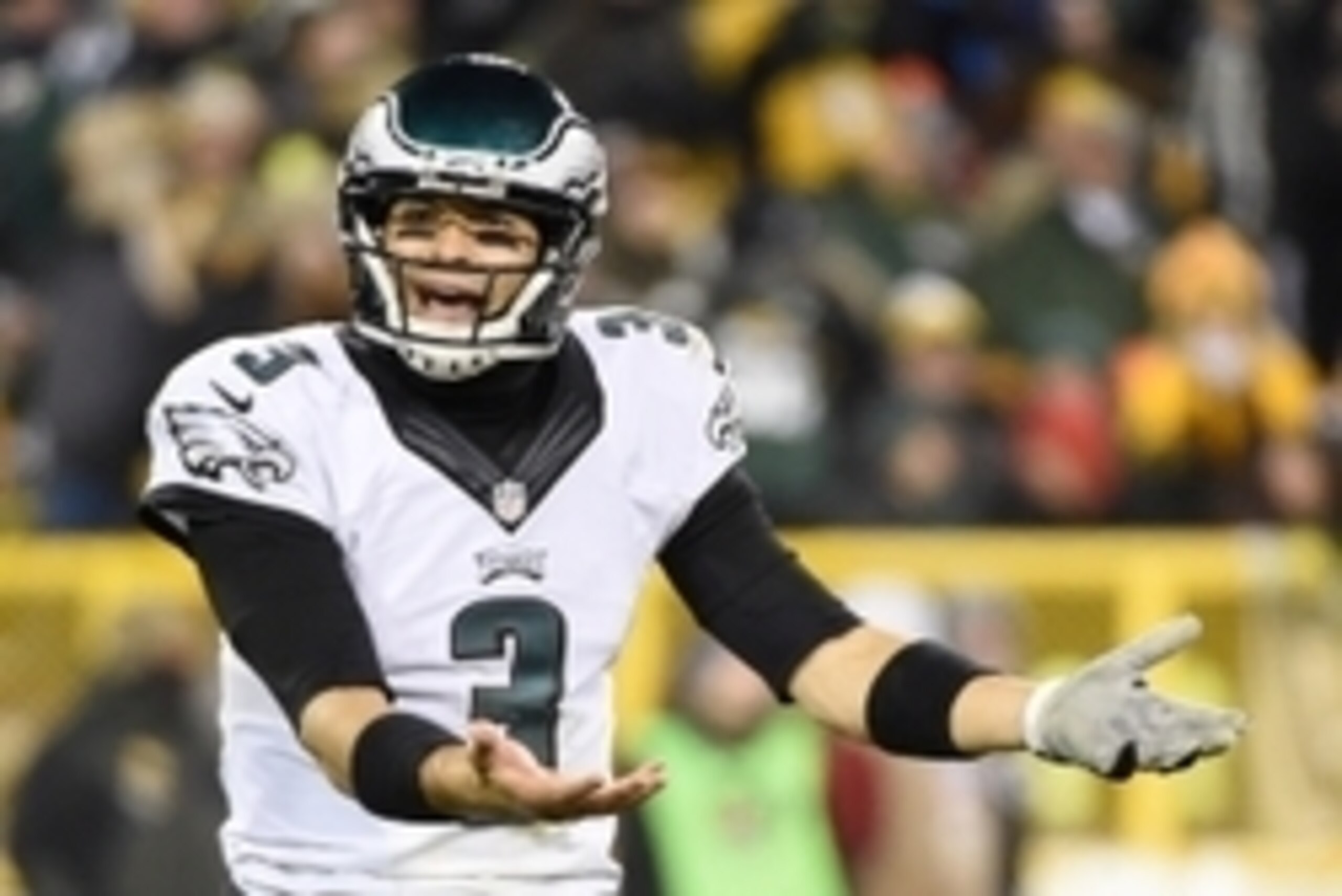 Nov 16, 2014; Green Bay, WI, USA;  Philadelphia Eagles quarterback Mark Sanchez (3) reacts after throwing an interception in the fourth quarter against the Green Bay Packers at Lambeau Field. Mandatory Credit: Benny Sieu-USA TODAY Sports