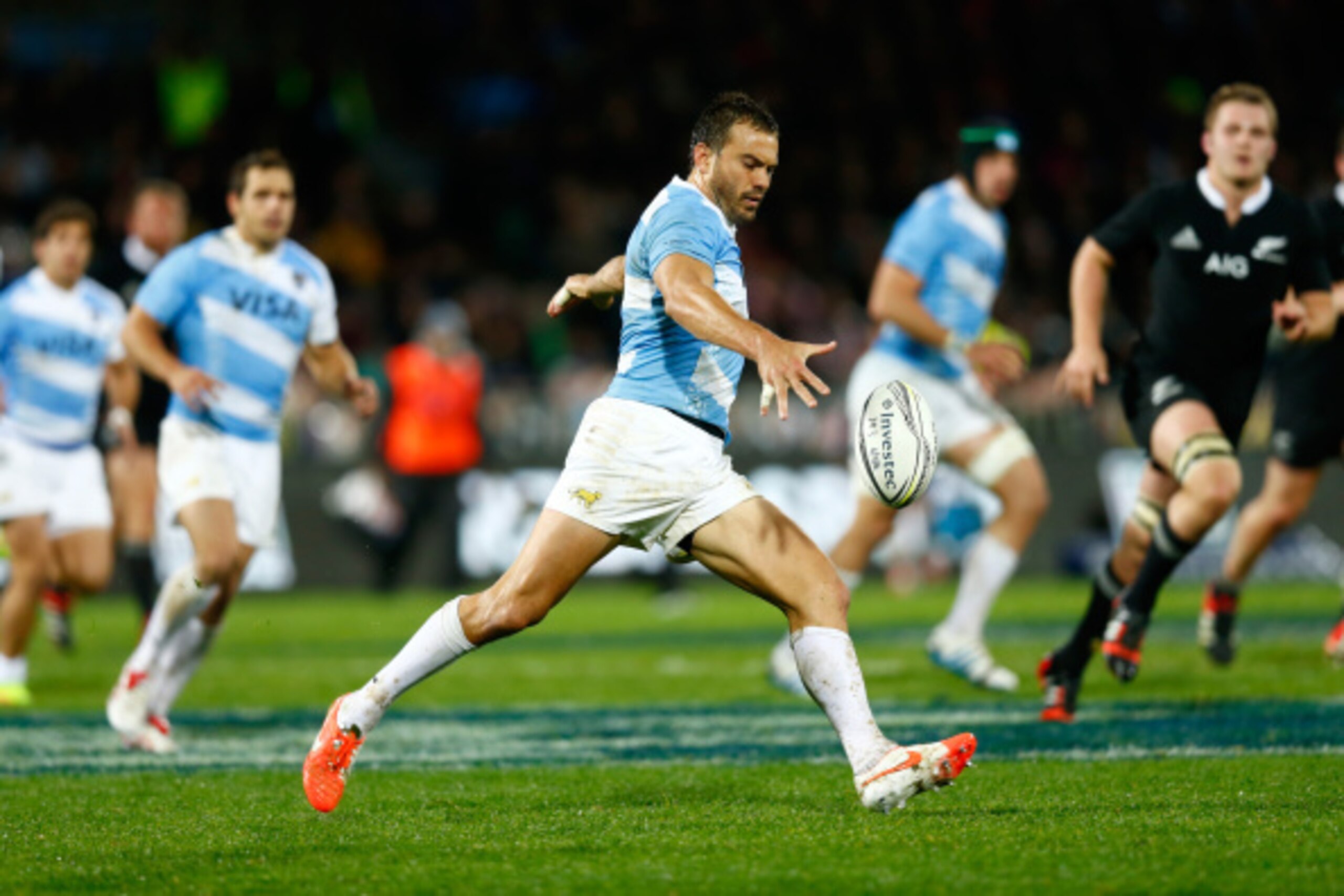 NAPIER, NEW ZEALAND - SEPTEMBER 06: Juan Martin Hernandez of Argentina kicks ahead  during The Rugby Championship match between the New Zealand All Blacks and Argentina at McLean Park on September 6, 2014 in Napier, New Zealand.  (Photo by Phil Walter/Get