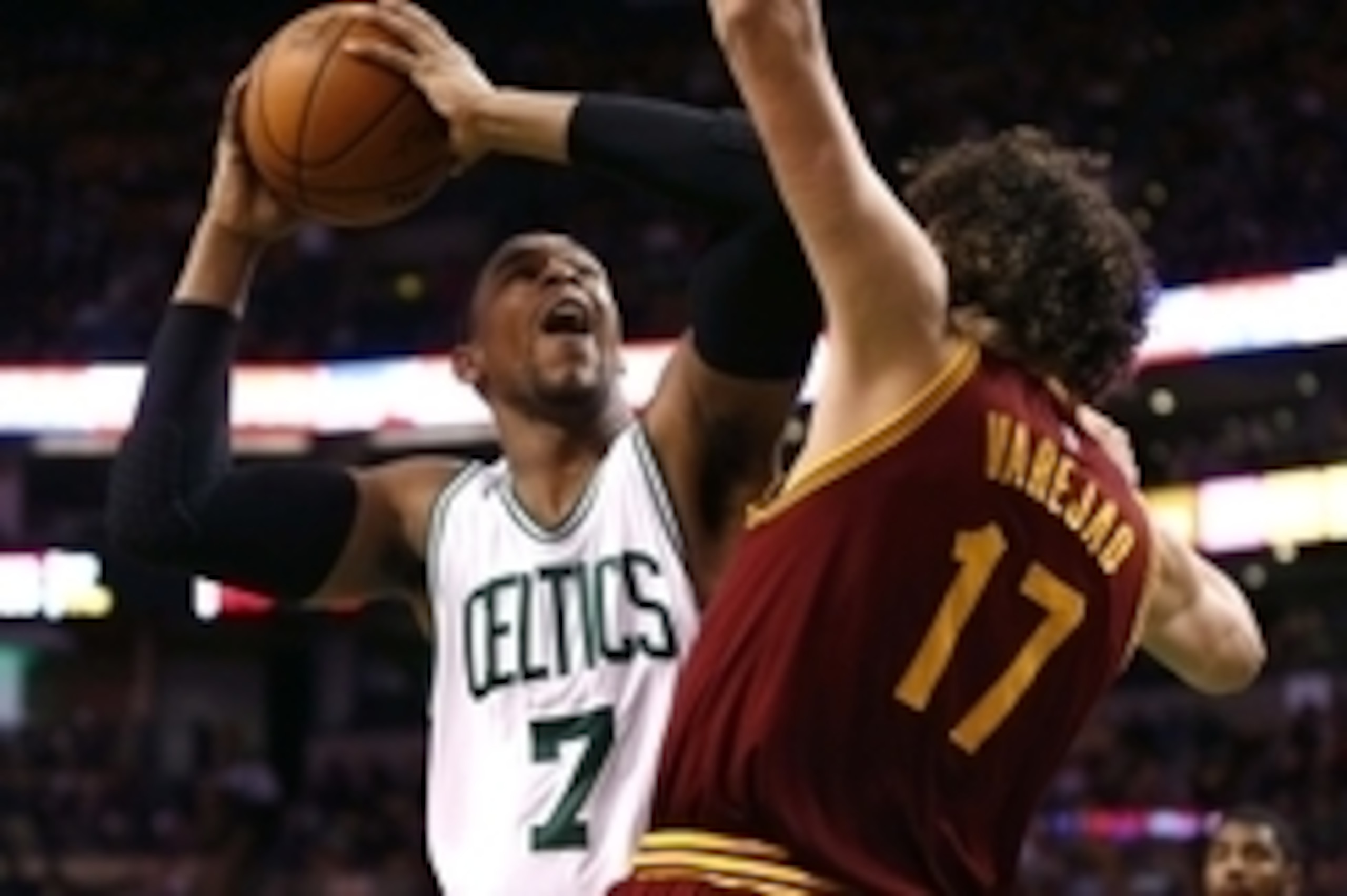 Nov 14, 2014; Boston, MA, USA; Boston Celtics forward Jared Sullinger (7) shoots the ball against Cleveland Cavaliers center Anderson Varejao (17) during the second half at TD Garden. Mandatory Credit: Mark L. Baer-USA TODAY Sports
