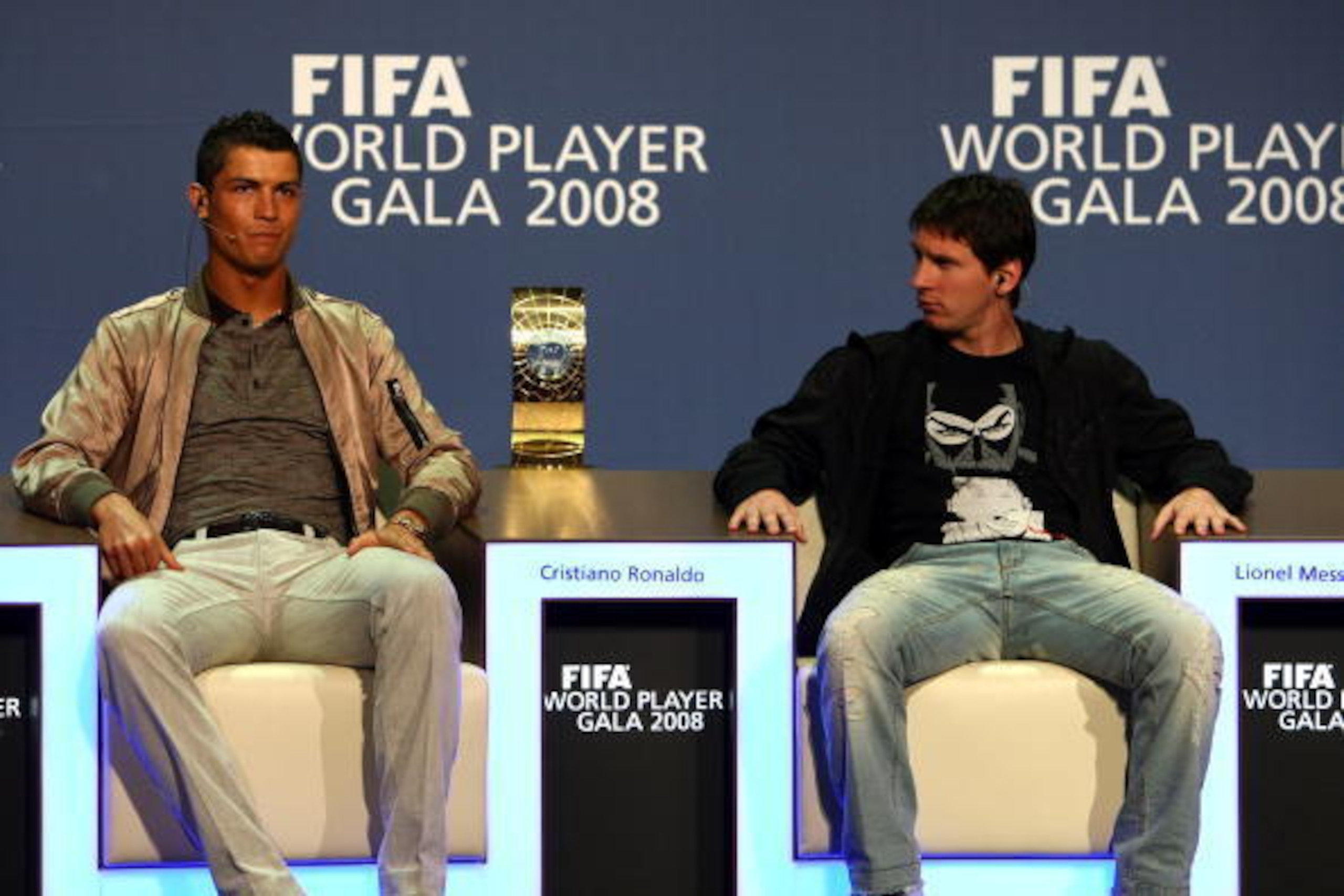 ZURICH, SWITZERLAND - JANUARY 12: Cristiano Ronaldo of Portugal (L) and Lionel Messi of Argentina listen to questions from the media as nominees of FIFA Player of the Year 2008, at the Zurich Opera House on January 12, 2009 in Zurich, Switzerland.  (Photo