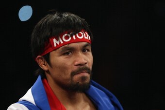LAS VEGAS, NV - APRIL 12:  Manny Pacquiao looks on prior to fighting Timothy Bradley at the MGM Grand Garden Arena on April 12, 2014 in Las Vegas, Nevada.  (Photo by Jeff Gross/Getty Images)