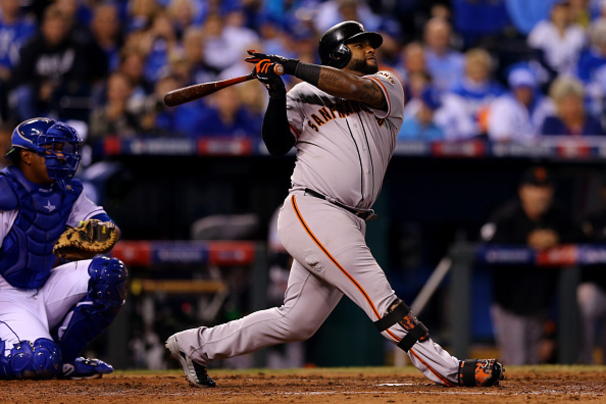 KANSAS CITY, MO - OCTOBER 22:  Pablo Sandoval #48 of the San Francisco Giants hits a double against the Kansas City Royals during Game Two of the 2014 World Series at Kauffman Stadium on October 22, 2014 in Kansas City, Missouri.  (Photo by Elsa/Getty Ima