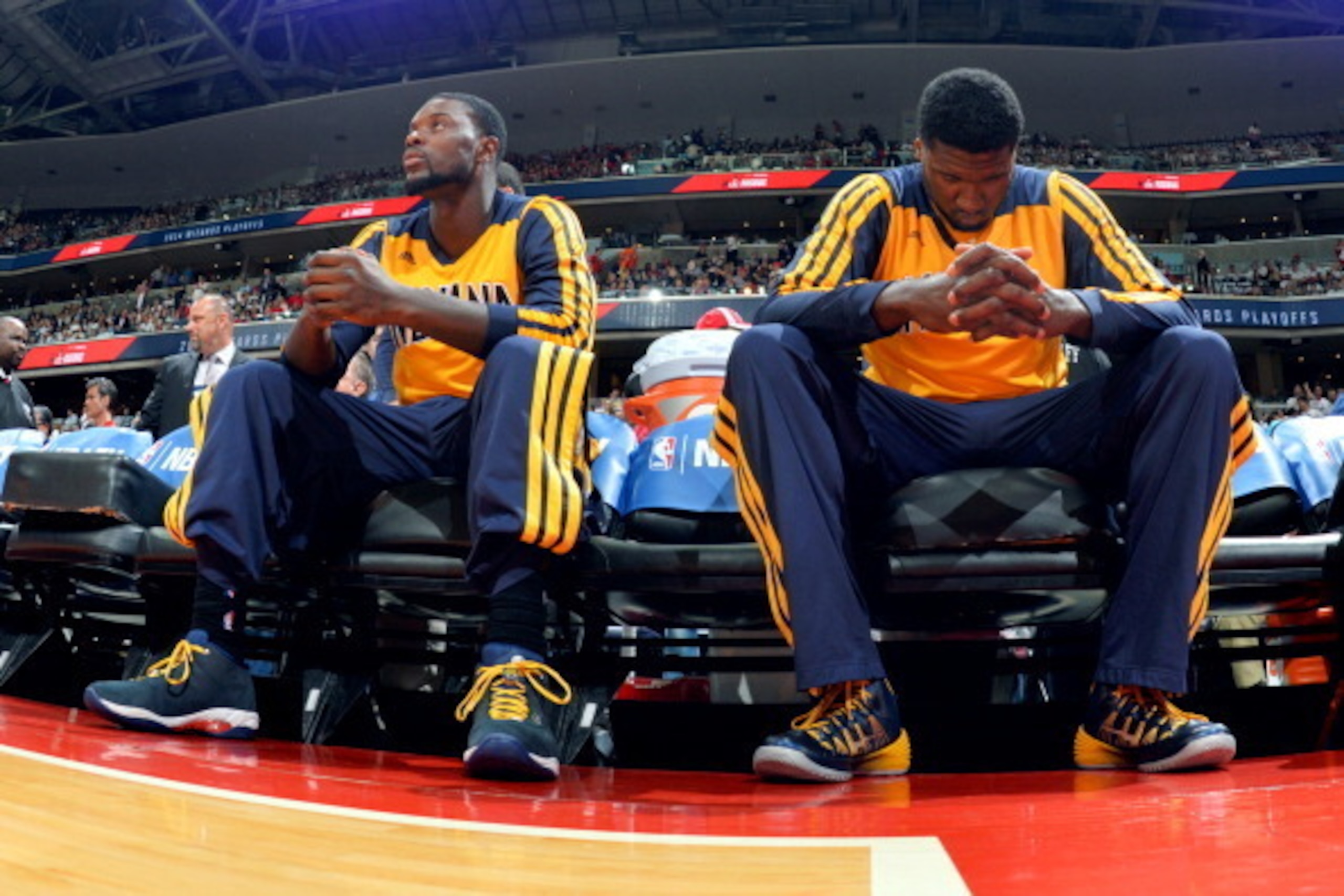 WASHINGTON, DC - MAY 15: Lance Stephenson #1 and Roy Hibbert #55 sit on the bench before a game against the Washington Wizards in Game Six of the Eastern Conference Semifinals during the 2014 NBA Playoffs on May 15, 2014 at the Verizon Center in Washingto