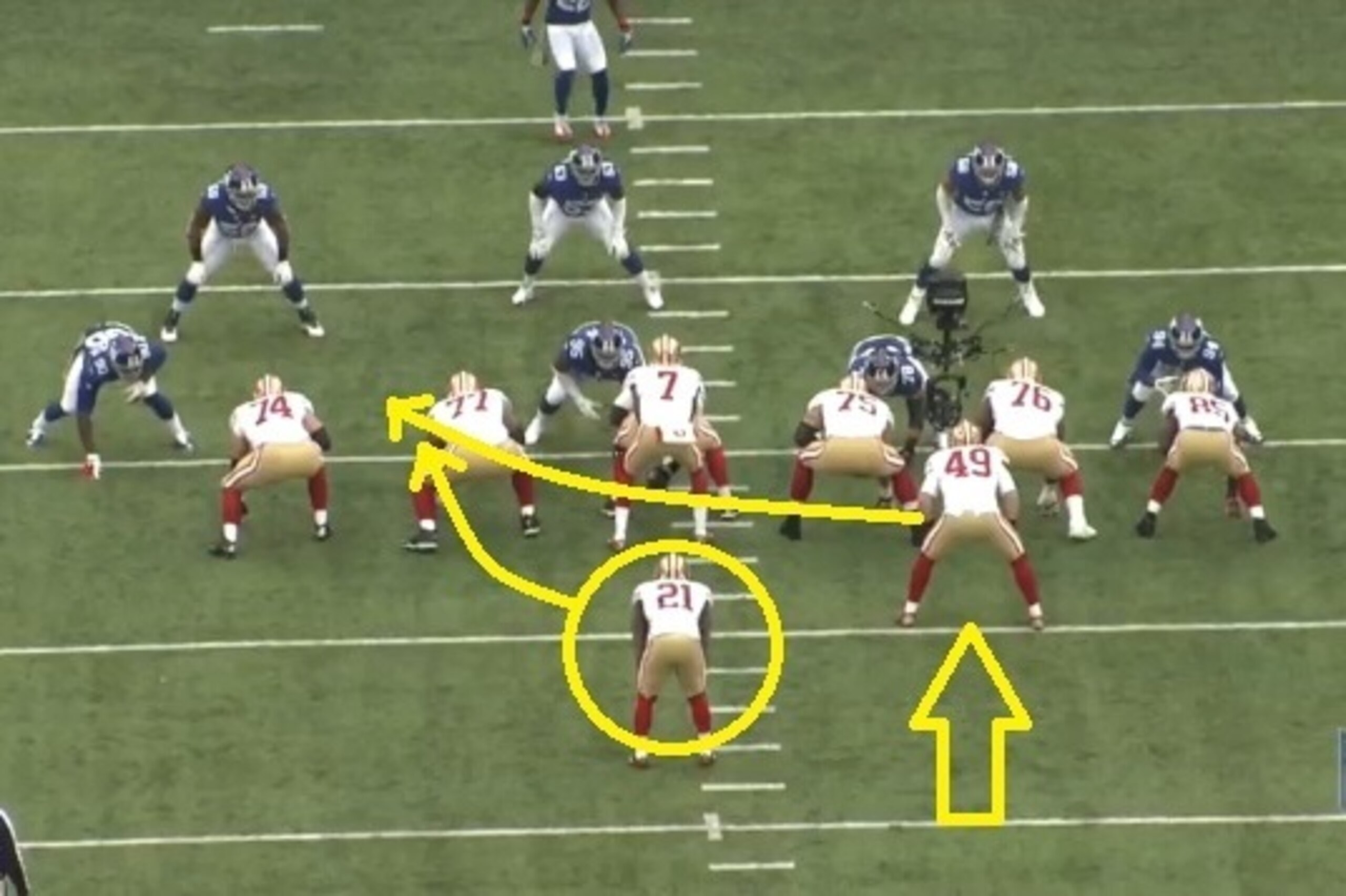 Gore will attempt a rush behind lead blocker Bruce Miller (arrow at right).