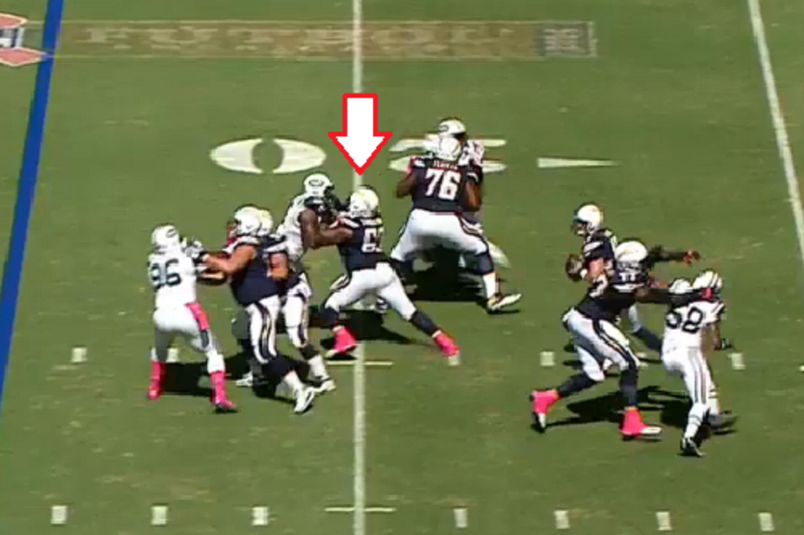 Richardson takes advantage and converts his running start into a bull rush. As you can tell by his feet, Troutman is in a bad spot.