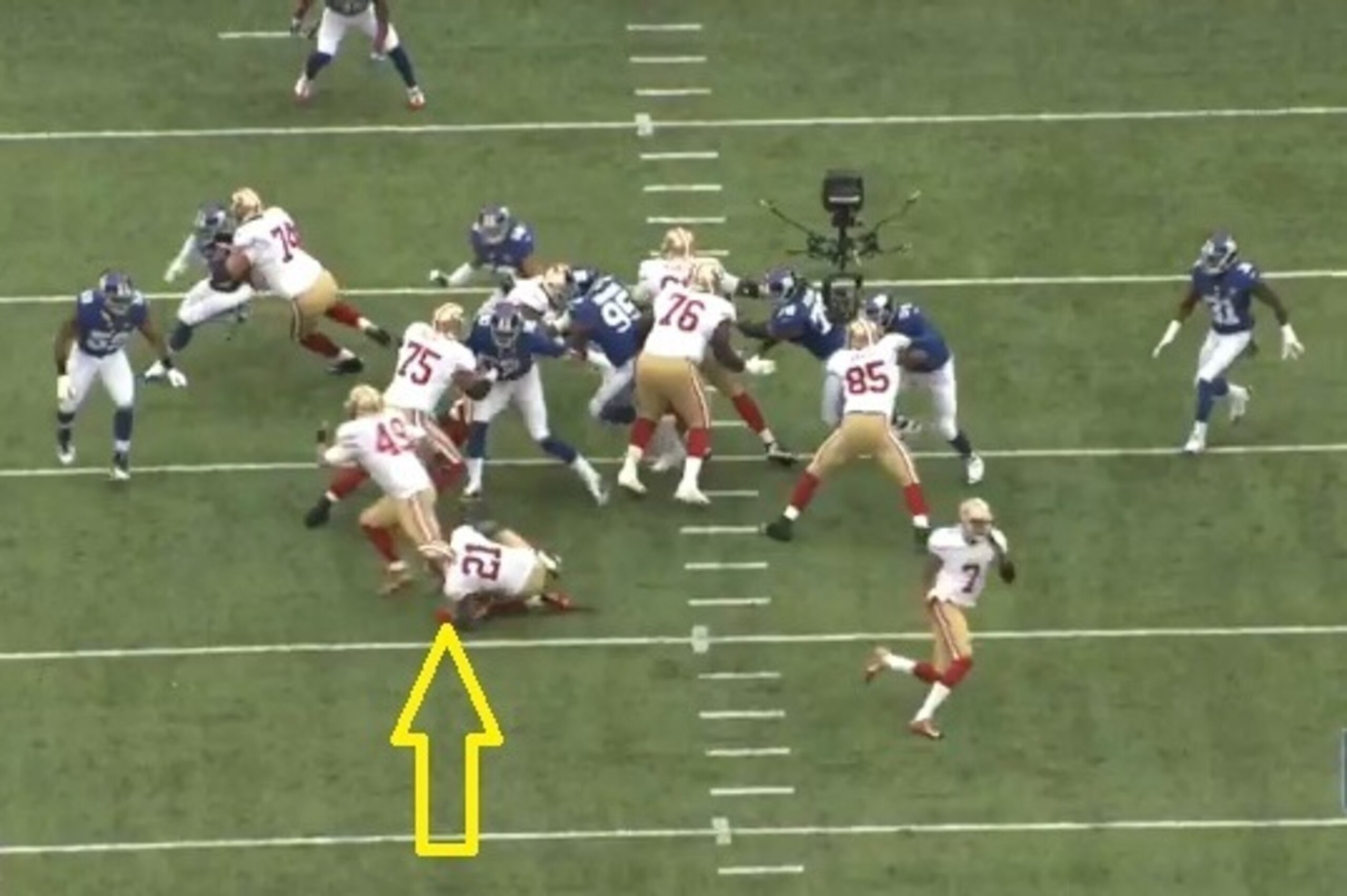 Gore is again knocked off balance, this time by fullback Bruce Miller. The ball comes loose, and New York recovers.