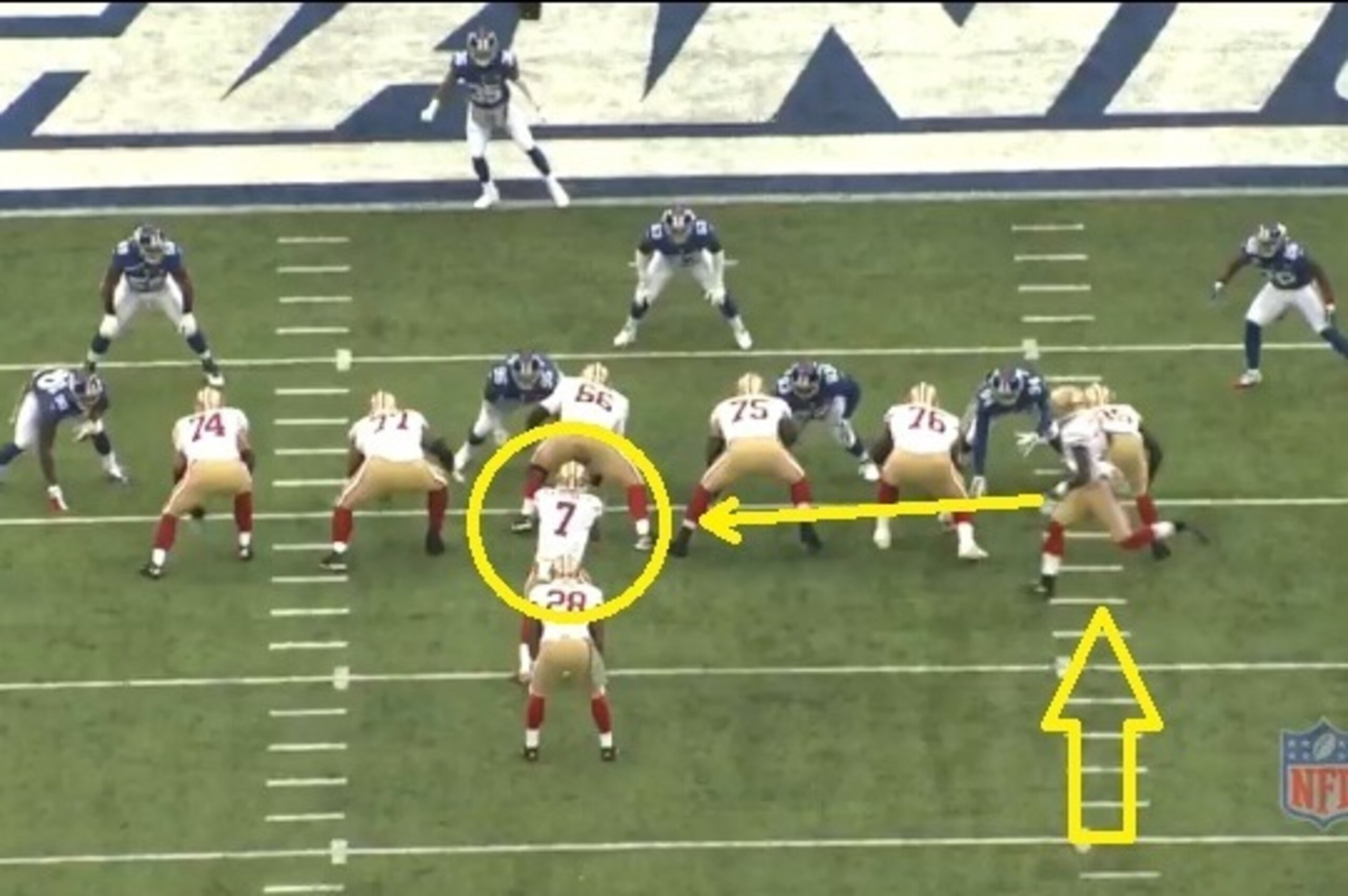 Kaepernick will run out of this read-option play. Note WR Stevie Johnson in motion.