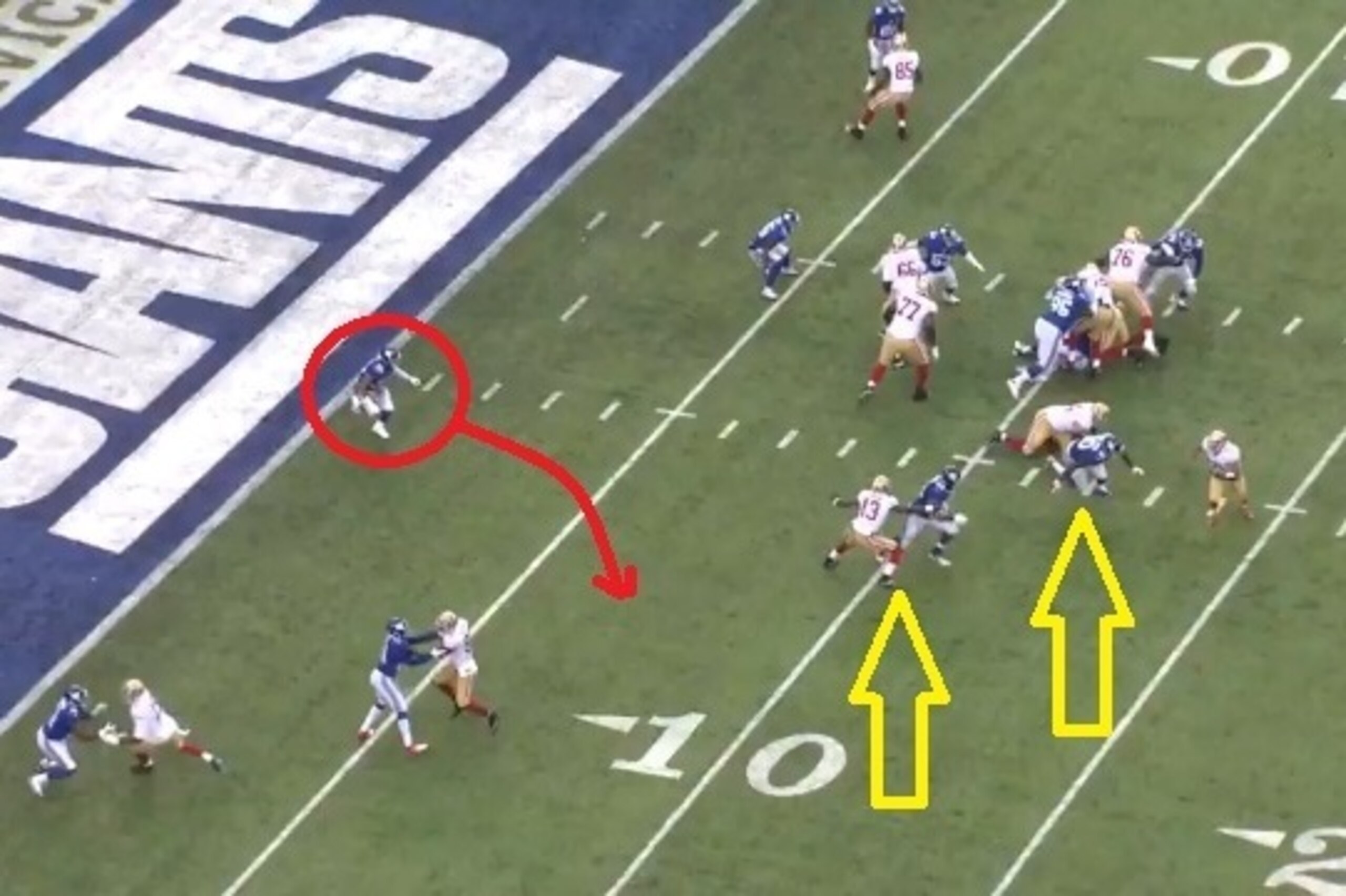 Johnson and Staley's failed blocks (yellow arrows) force pressure on Kaepernick. Had these blocks been executed, he may have been able to expose a brief rushing lane to his left.