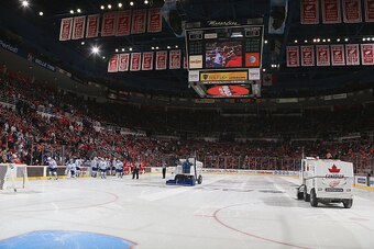 DETROIT, MI - OCTOBER 18: The Zambonis dry scrape the ice before the start of O.T. during a NHL game between the Detroit Red Wings and the Toronto Maple Leafs on October 18, 2014 at Joe Louis Arena in Detroit, Michigan. The Wings won 1-0 in OT (Dave Regin
