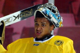 LAKE PLACID, NY - AUGUST 08: Mark Owuya #30 of Team Sweden prepares to tend net against Team USA at the USA Hockey National Junior Evaluation Camp on August 8, 2008 at the Olympic Center in Lake Placid, New York. (Photo by Bruce Bennett/Getty Images)