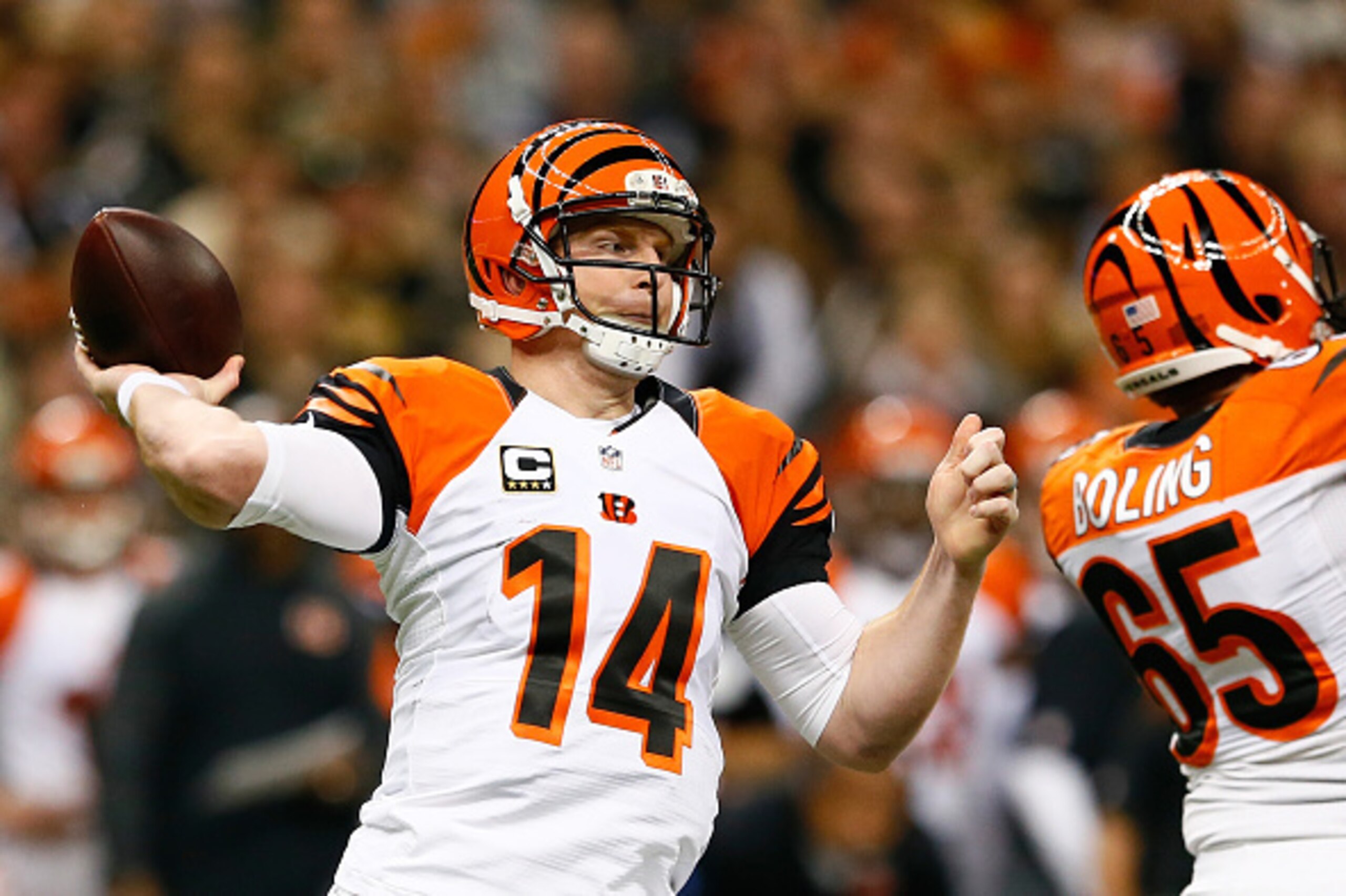 NEW ORLEANS, LA - NOVEMBER 16:  Andy Dalton #14 of the Cincinnati Bengals throws a pass against the New Orleans Saints during the second half at Mercedes-Benz Superdome on November 16, 2014 in New Orleans, Louisiana.  (Photo by Kevin C. Cox/Getty Images)