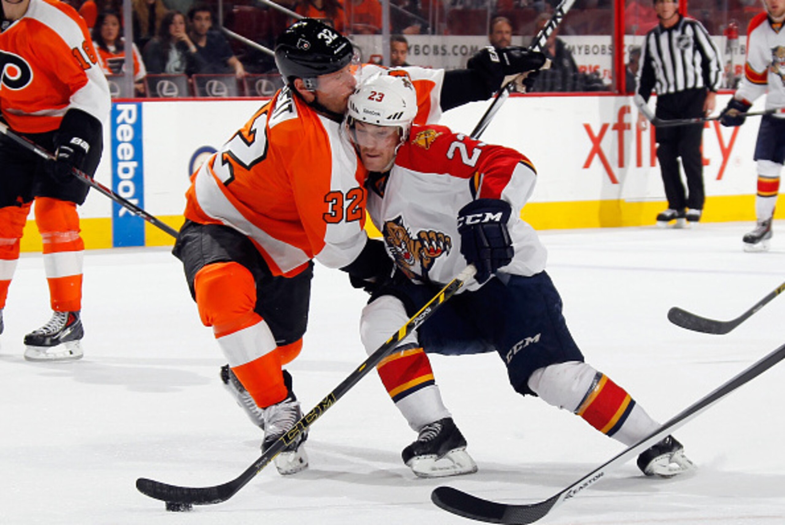 PHILADELPHIA, PA - NOVEMBER 06: Rocco Grimaldi #23 of the Florida Panthers attempts to get past Mark Streit #32 of the Philadelphia Flyers during the third period at the Wells Fargo Center on November 6, 2014 in Philadelphia, Pennsylvania. The Flyers defe