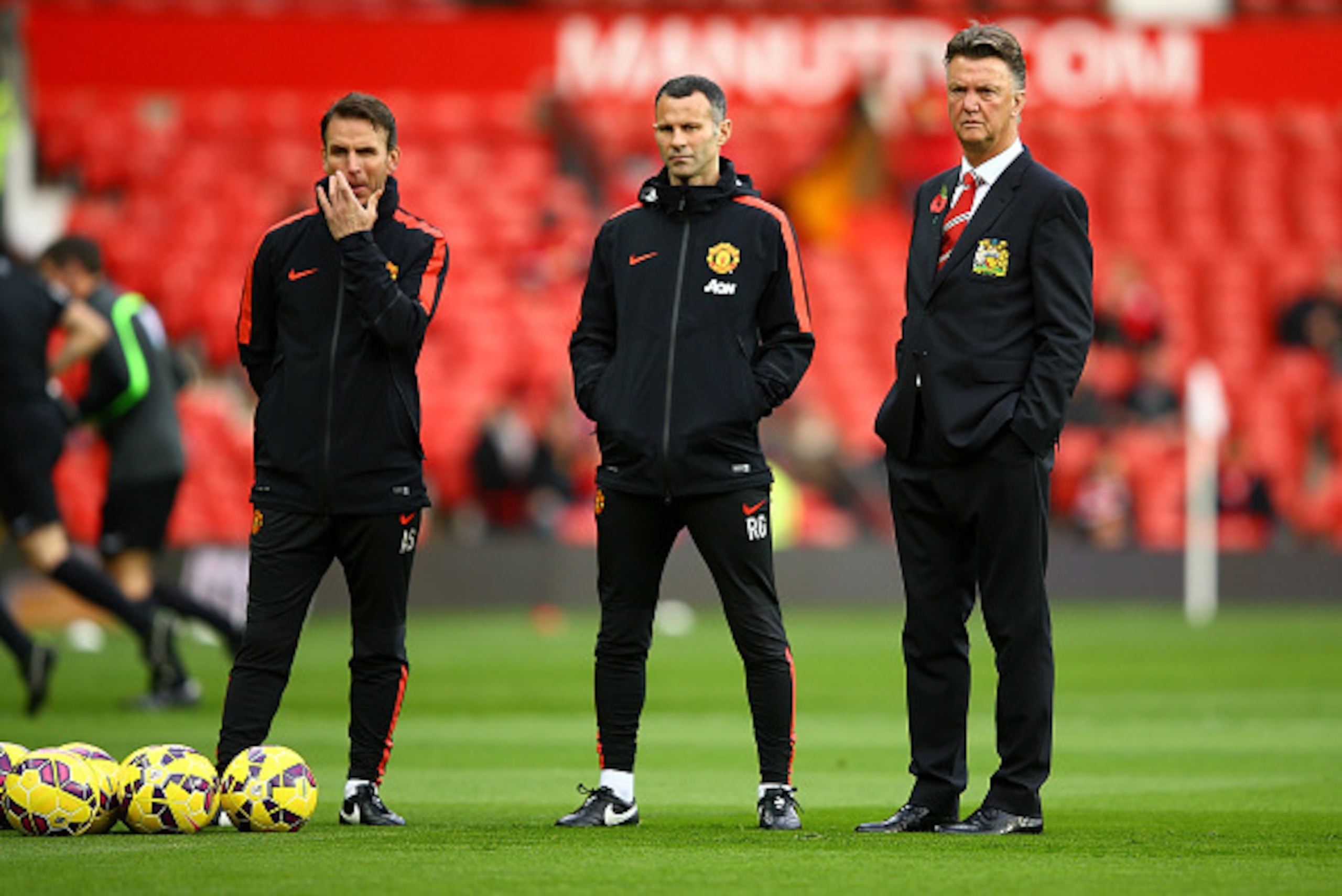MANCHESTER, ENGLAND - NOVEMBER 08: Manchester United Manager Louis van Gaal looks on with his Assistants Albert Stuivenberg and Ryan Giggs (R) prior to the Barclays Premier League match between Manchester United and Crystal Palace at Old Trafford on Nove MANCHESTER, ENGLAND - NOVEMBER 08: Manchester United Manager Louis van Gaal looks on with his Assistants Albert Stuivenberg and Ryan Giggs (R) prior to the Barclays Premier League match between Manchester United and Crystal Palace at Old Trafford on Nove
