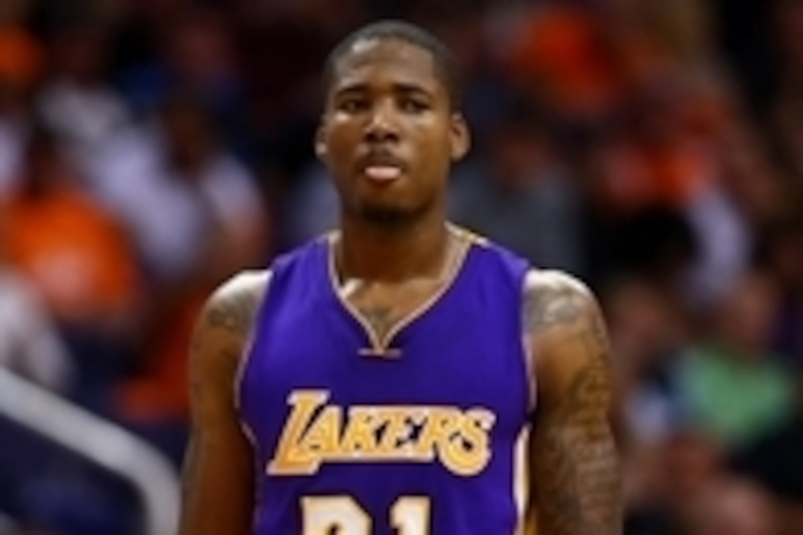 Oct 29, 2014; Phoenix, AZ, USA; Los Angeles Lakers forward Ed Davis (21) against the Phoenix Suns during the home opener at US Airways Center. The Suns defeated the Lakers 119-99. Mandatory Credit: Mark J. Rebilas-USA TODAY Sports
