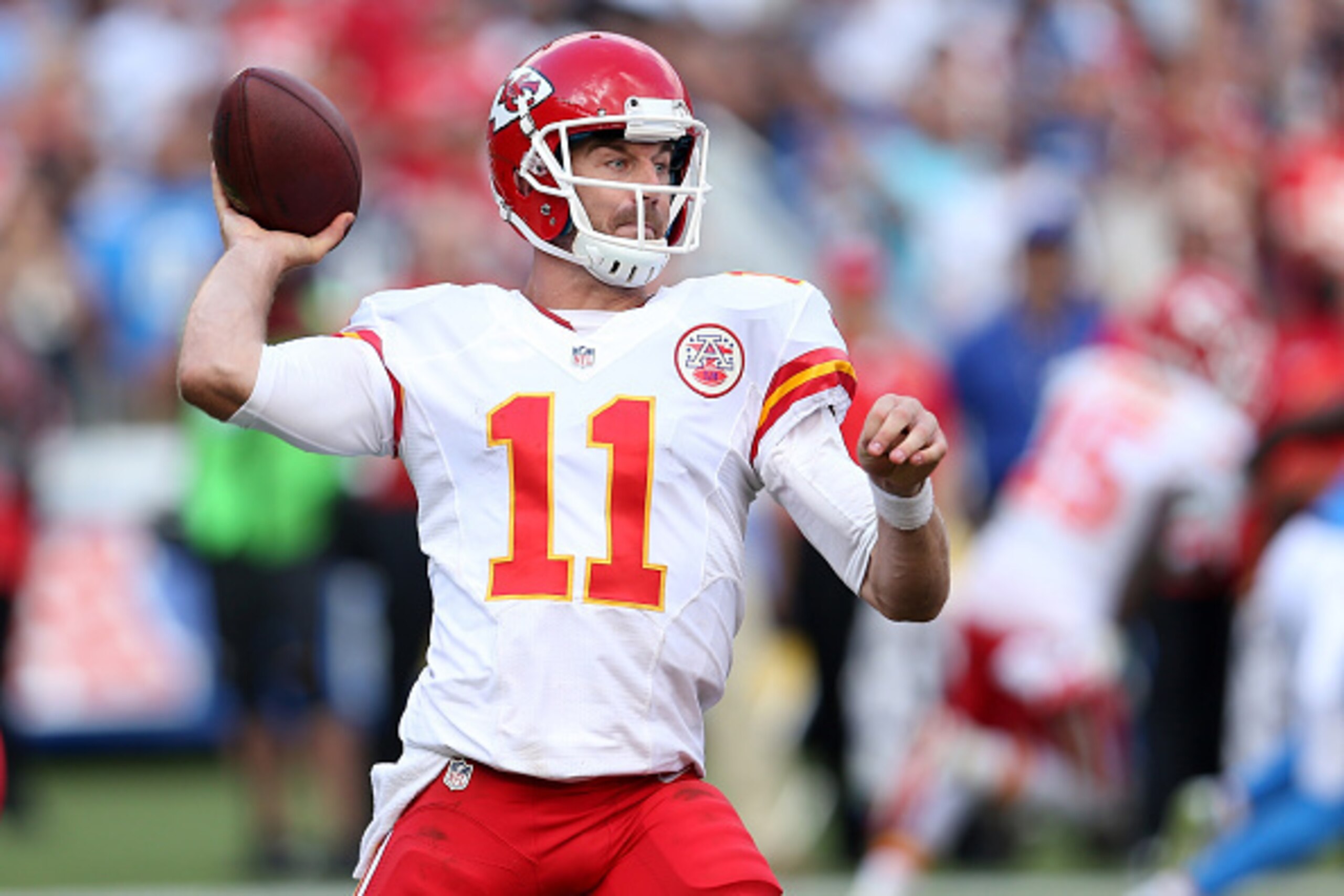 SAN DIEGO, CA - OCTOBER 19:  Quarterback Alex Smith #11 of the Kansas City Chiefs throws a pass against the San Diego Chargers at Qualcomm Stadium on October 19, 2014 in San Diego, California. The Chiefs won 23-20.  (Photo by Stephen Dunn/Getty Images)