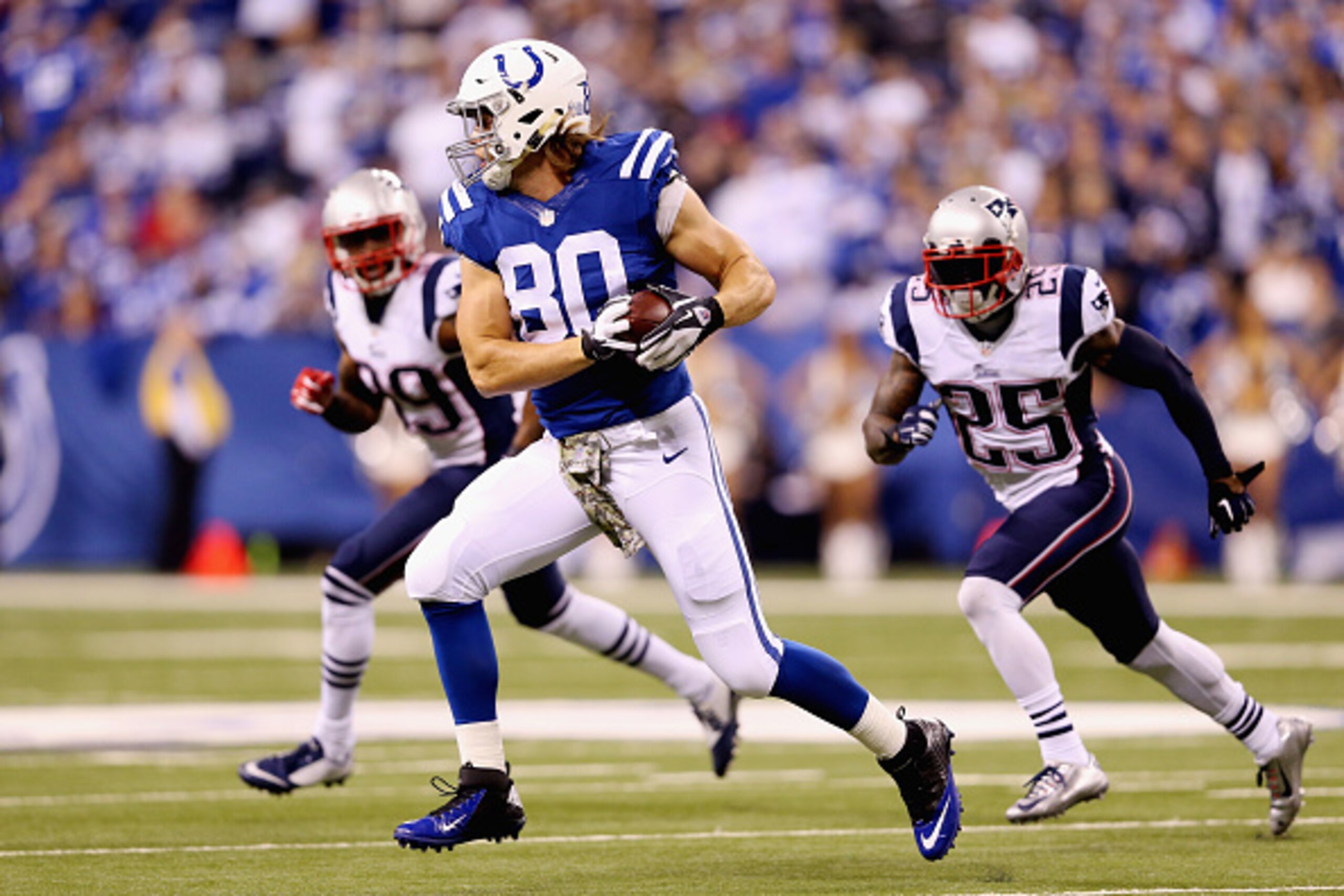 INDIANAPOLIS, IN - NOVEMBER 16:   Coby Fleener #80 of the Indianapolis Colts catches a pass against Kyle Arrington #25 of the New England Patriots during the first half of the game at Lucas Oil Stadium on November 16, 2014 in Indianapolis, Indiana.  (Phot