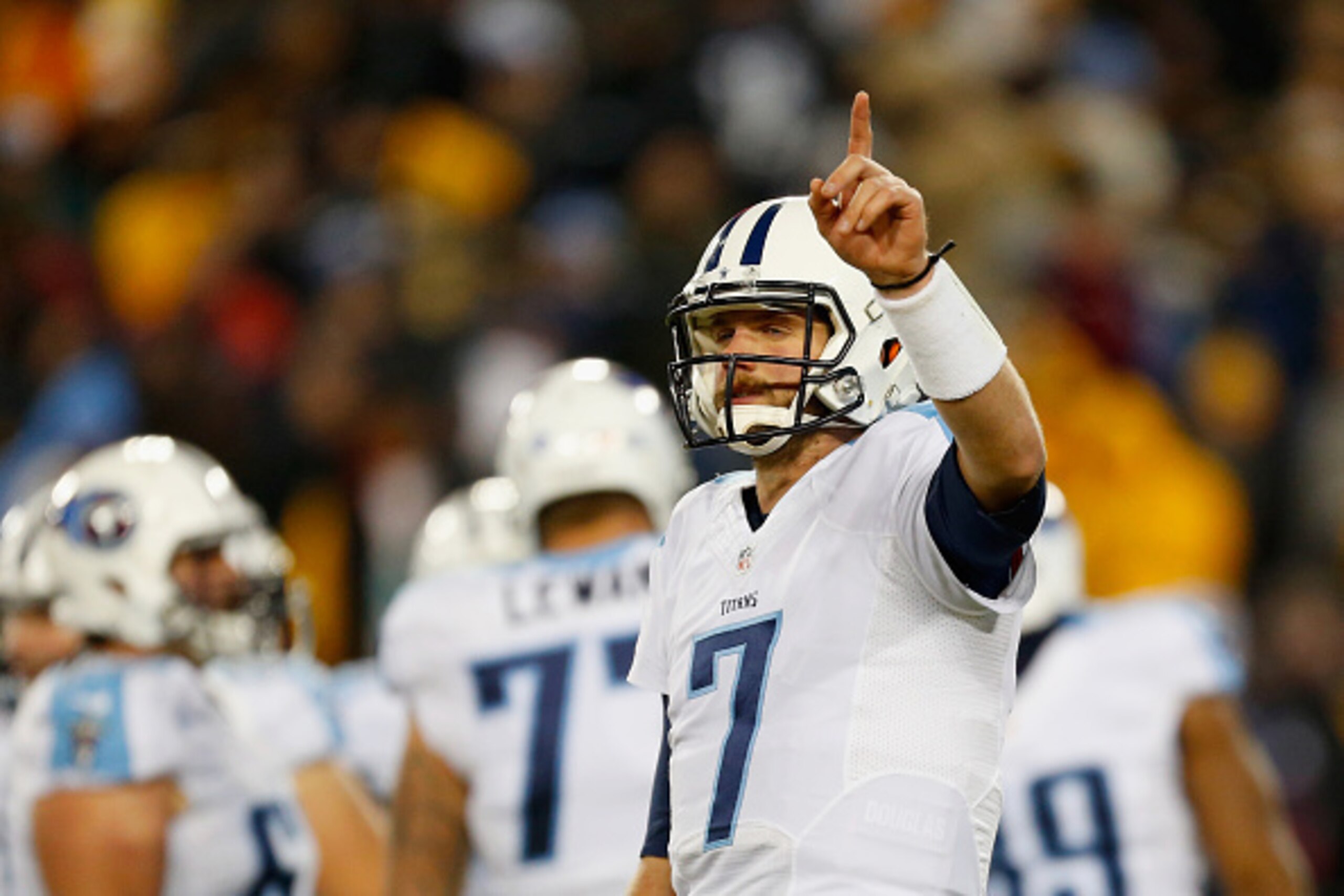 NASHVILLE, TN - NOVEMBER 17:  Zach Mettenberger #7 of the Tennessee Titans reacts during the fourth quarter against the Pittsburgh Steelers at LP Field on November 17, 2014 in Nashville, Tennessee. The Pittsburgh Steelers won 27-24. (Photo by Wesley Hitt/