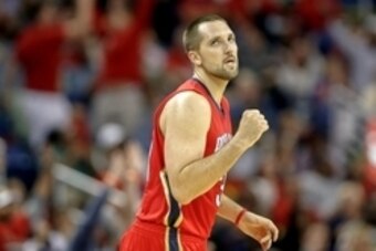 Oct 28, 2014; New Orleans, LA, USA; New Orleans Pelicans forward Ryan Anderson (33) reacts after hitting a three point basket against the Orlando Magic during the third quarter of a game at the Smoothie King Center. The Pelicans defeated the Magic 101-84.