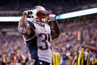 INDIANAPOLIS, IN - NOVEMBER 16:  Jonas Gray #35 of the New England Patriots celebrates scoring his fourth touchdown against the Indianapolis Colts during the fourth quarter of the game at Lucas Oil Stadium on November 16, 2014 in Indianapolis, Indiana.  (