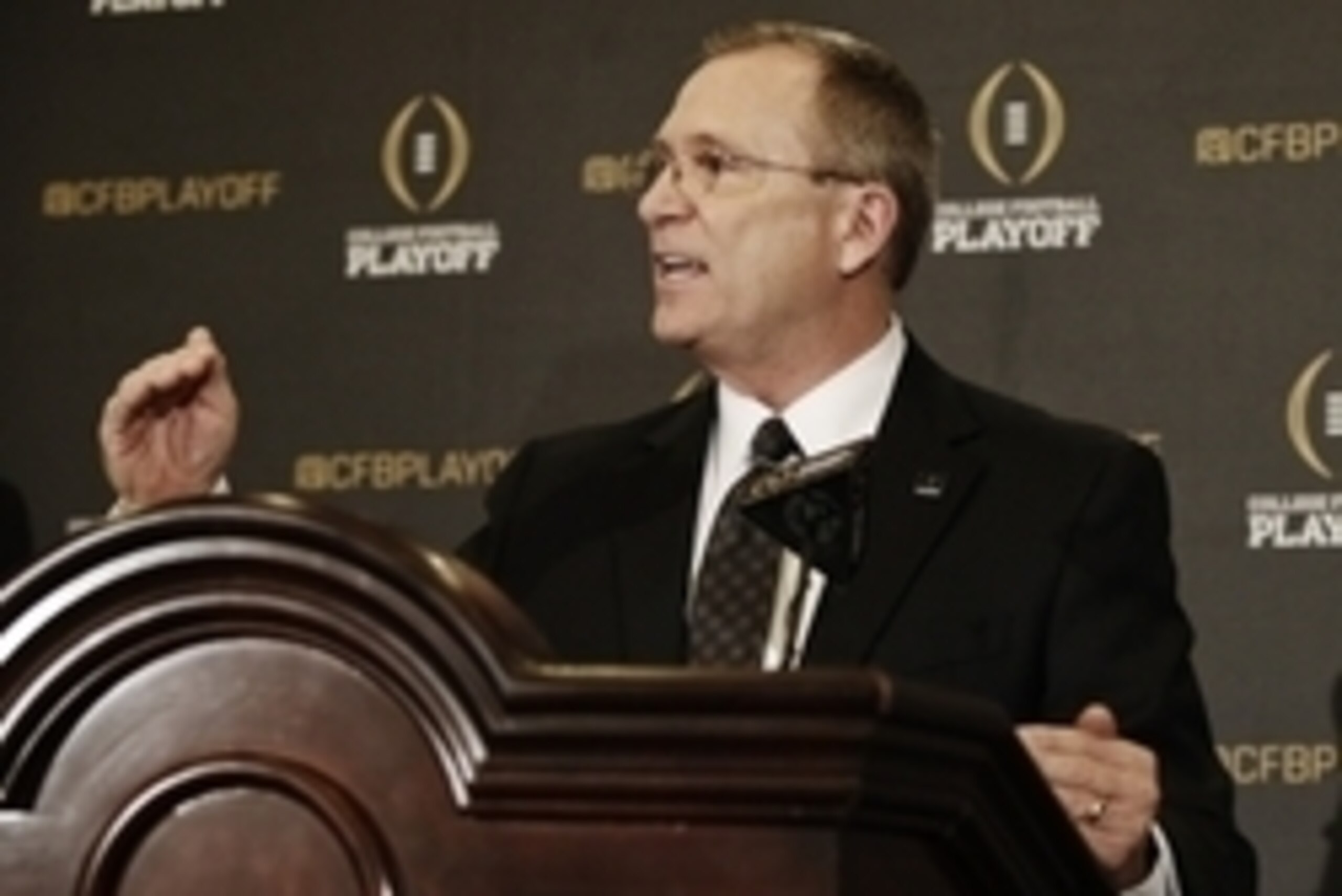 Oct 28, 2014; Grapevine, TX, USA;  Selection committee chair Jeff Long speaks to the media after unveiling the top 25 teams in the initial college football playoff rankings at the Gaylord Texan Hotel. Mandatory Credit: Kevin Jairaj-USA TODAY Sports