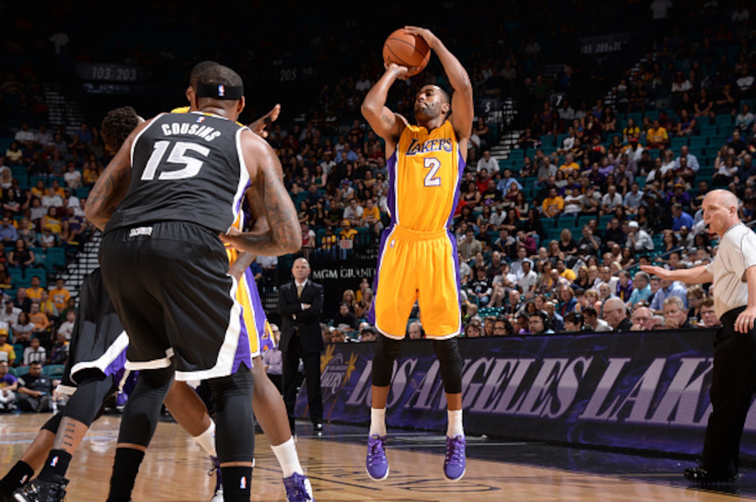 LAS VEGAS, NV - OCTOBER 24: Wayne Ellington #2 of the Los Angeles shoots the basketball during a game against the Sacramento Kings on October 24, 2014 at the MGM Grand Garden Arena in Las Vegas, Nevada. NOTE TO USER:  User expressly acknowledges and agree