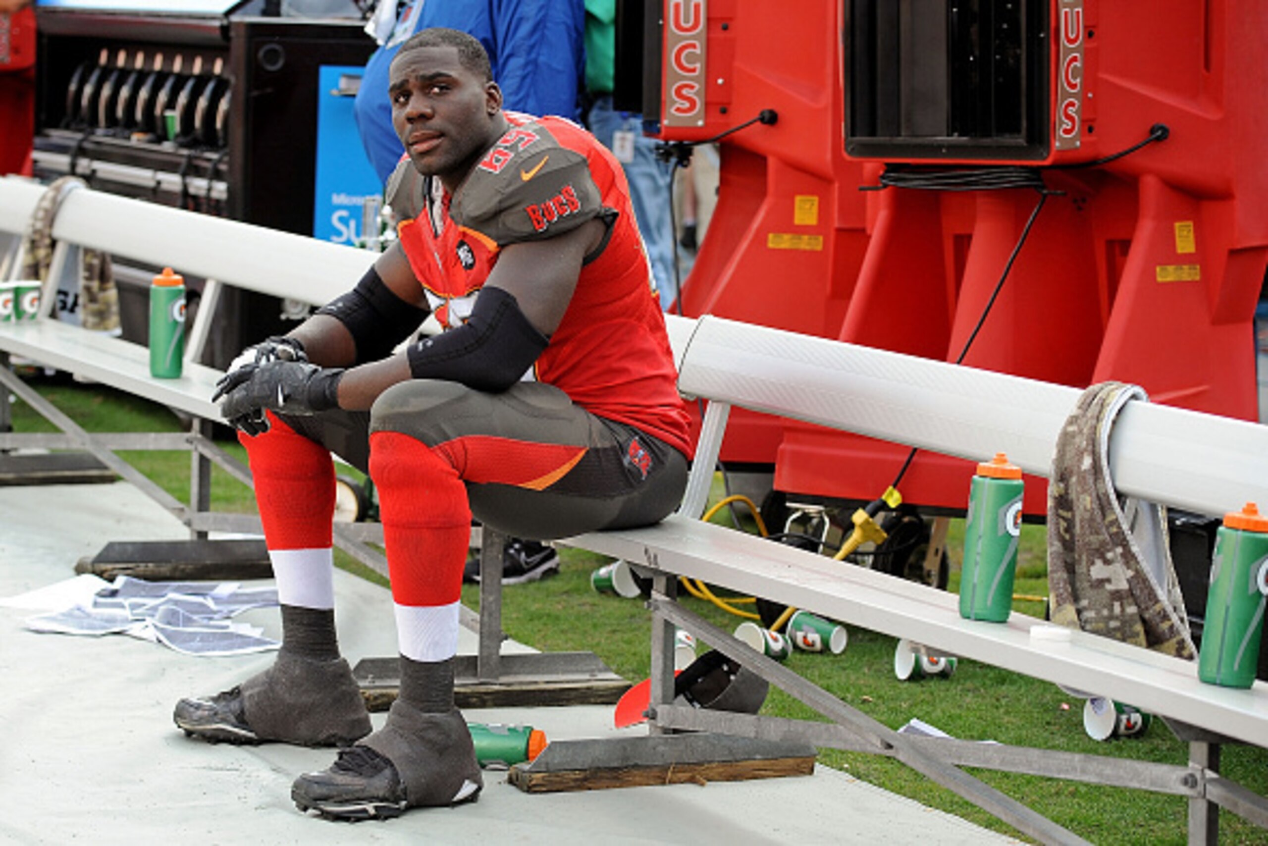 TAMPA, FL - NOVEMBER 09: Demar Dotson #69 of the Tampa Bay Buccaneers looks on during the second half of the game against the Atlanta Falcons at Raymond James Stadium on November 9, 2014 in Tampa, Florida. (Photo by Cliff McBride/Getty Images)