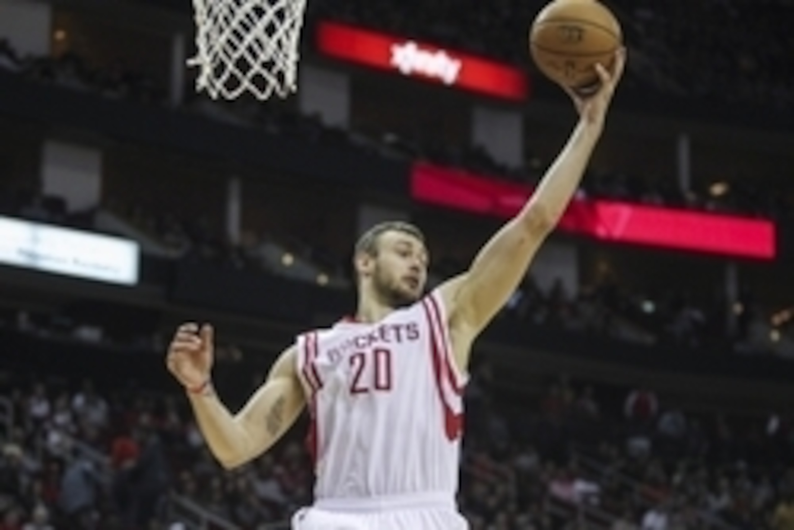 Nov 8, 2014; Houston, TX, USA; Houston Rockets forward Donatas Motiejunas (20) gets a rebound during the fourth quarter against the Golden State Warriors at Toyota Center. The Warriors defeated the Rockets 98-87. Mandatory Credit: Troy Taormina-USA TODAY Nov 8, 2014; Houston, TX, USA; Houston Rockets forward Donatas Motiejunas (20) gets a rebound during the fourth quarter against the Golden State Warriors at Toyota Center. The Warriors defeated the Rockets 98-87. Mandatory Credit: Troy Taormina-USA TODAY