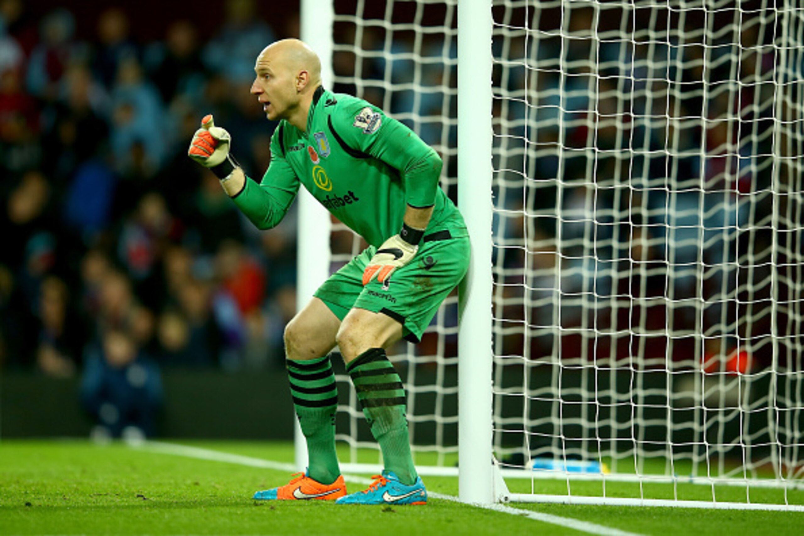 BIRMINGHAM, ENGLAND - NOVEMBER 02:  Brad Guzan of Villa in action during the Barclays Premier League match between Aston Villa and Tottenham Hotspur at Villa Park on November 2, 2014 in Birmingham, England.  (Photo by Richard Heathcote/Getty Images)