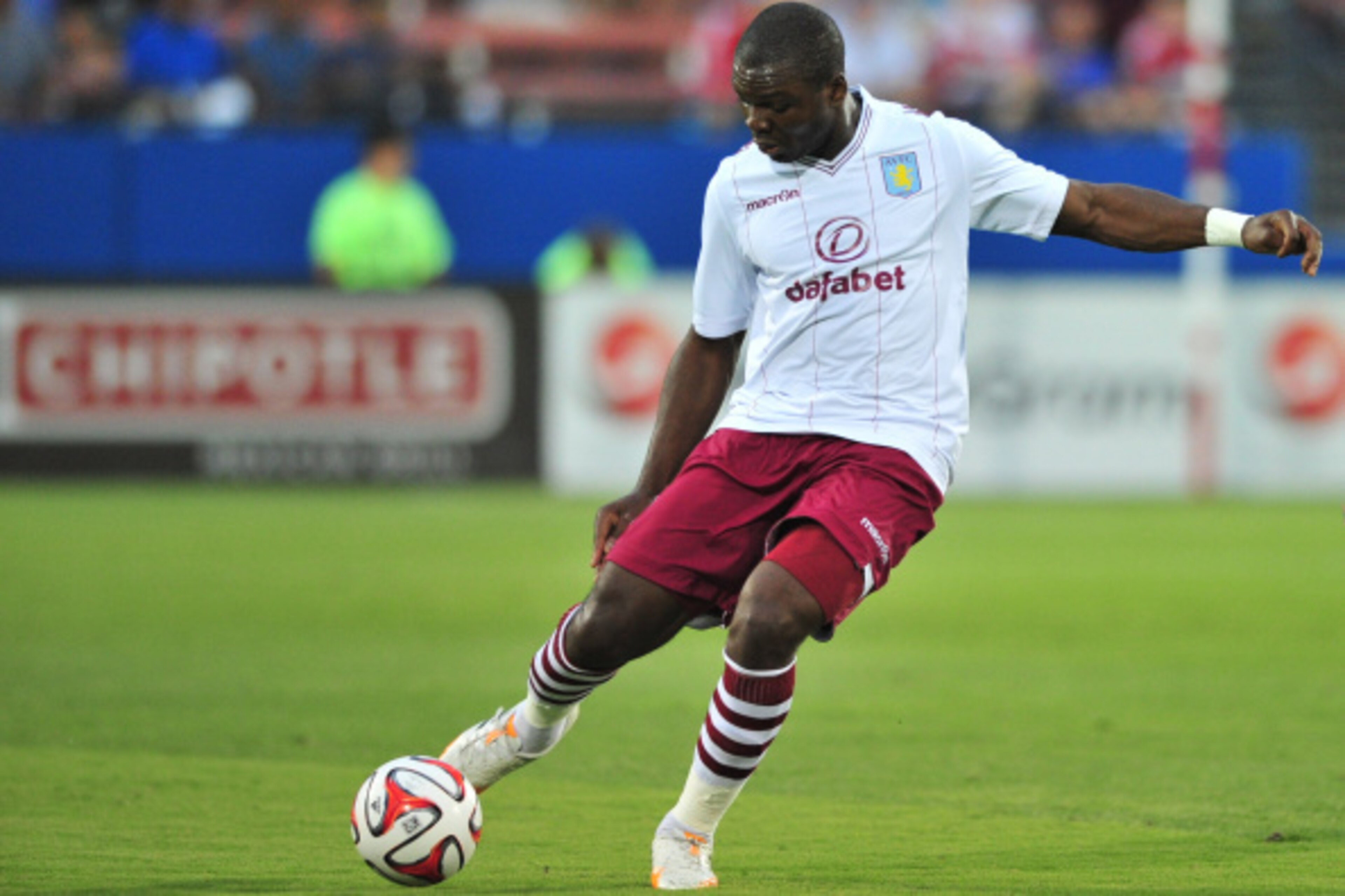 FRISCO, TX - JULY 23: Jores Okore #5 of Aston Villa controls the ball against FC Dallas during an international friendly on July 23, 2014 at Toyota Stadium in Frisco, Texas. (Photo by Cooper Neill/Getty Images) FRISCO, TX - JULY 23: Jores Okore #5 of Aston Villa controls the ball against FC Dallas during an international friendly on July 23, 2014 at Toyota Stadium in Frisco, Texas. (Photo by Cooper Neill/Getty Images)