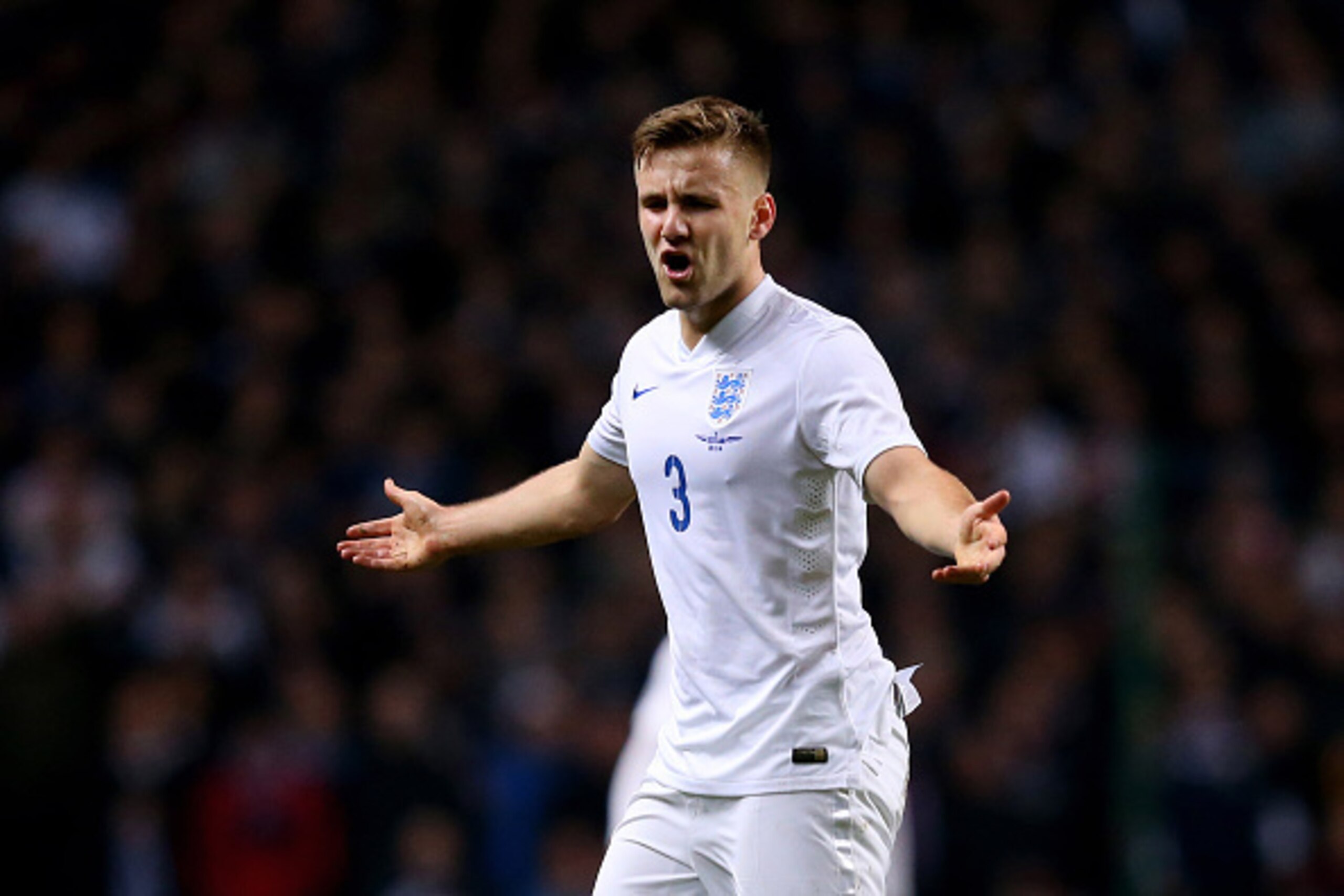GLASGOW, SCOTLAND - NOVEMBER 18:  Luke Shaw of England reacts during the International Friendly match between Scotland and England at Celtic Park Stadium on November 18, 2014 in Glasgow, Scotland.  (Photo by Alex Livesey/Getty Images)
