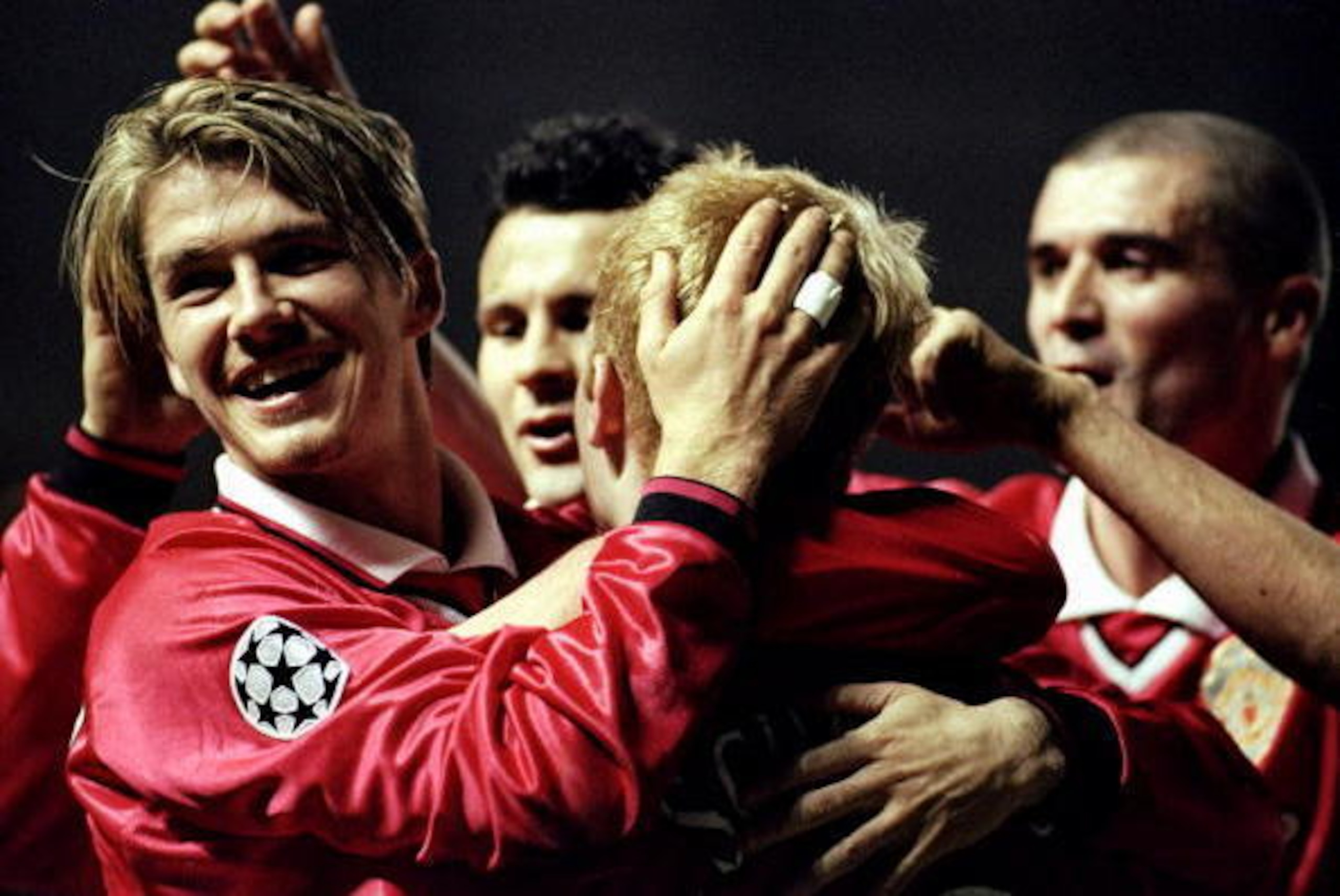 8 Dec 1999:  Congratulations for Manchester United scorer Paul Scholes during the Champions League game against Valencia at Old Trafford, manchester, England. Manchester United won 3 - 0. \ Mandatory Credit: Michael Steele /Allsport
