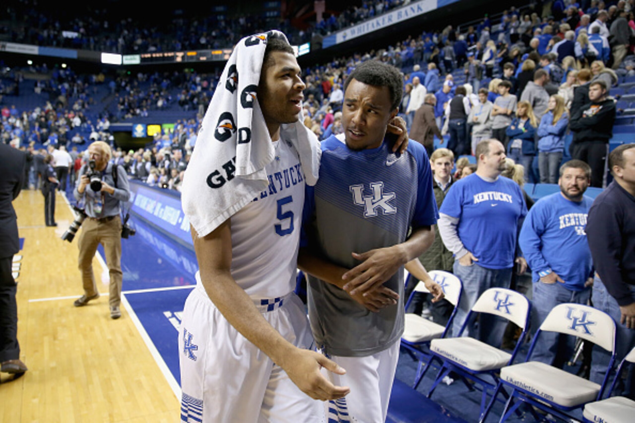 LEXINGTON, KY - NOVEMBER 14:  Andrew Harrison #5 and E J Floreal of the Kentucky Wildcats walk off of the court following the 85-45 win over the Grand Canyon Antelopes at Rupp Arena on November 14, 2014 in Lexington, Kentucky.  (Photo by Andy Lyons/Getty 