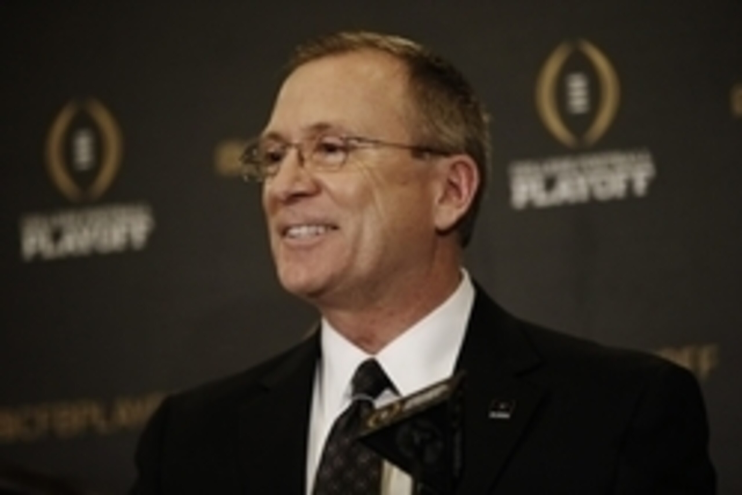 Oct 28, 2014; Grapevine, TX, USA; Selection committee chair Jeff Long speaks to the media after unveiling the top 25 teams in the initial college football playoff rankings at the Gaylord Texan Hotel. Mandatory Credit: Kevin Jairaj-USA TODAY Sports Oct 28, 2014; Grapevine, TX, USA; Selection committee chair Jeff Long speaks to the media after unveiling the top 25 teams in the initial college football playoff rankings at the Gaylord Texan Hotel. Mandatory Credit: Kevin Jairaj-USA TODAY Sports