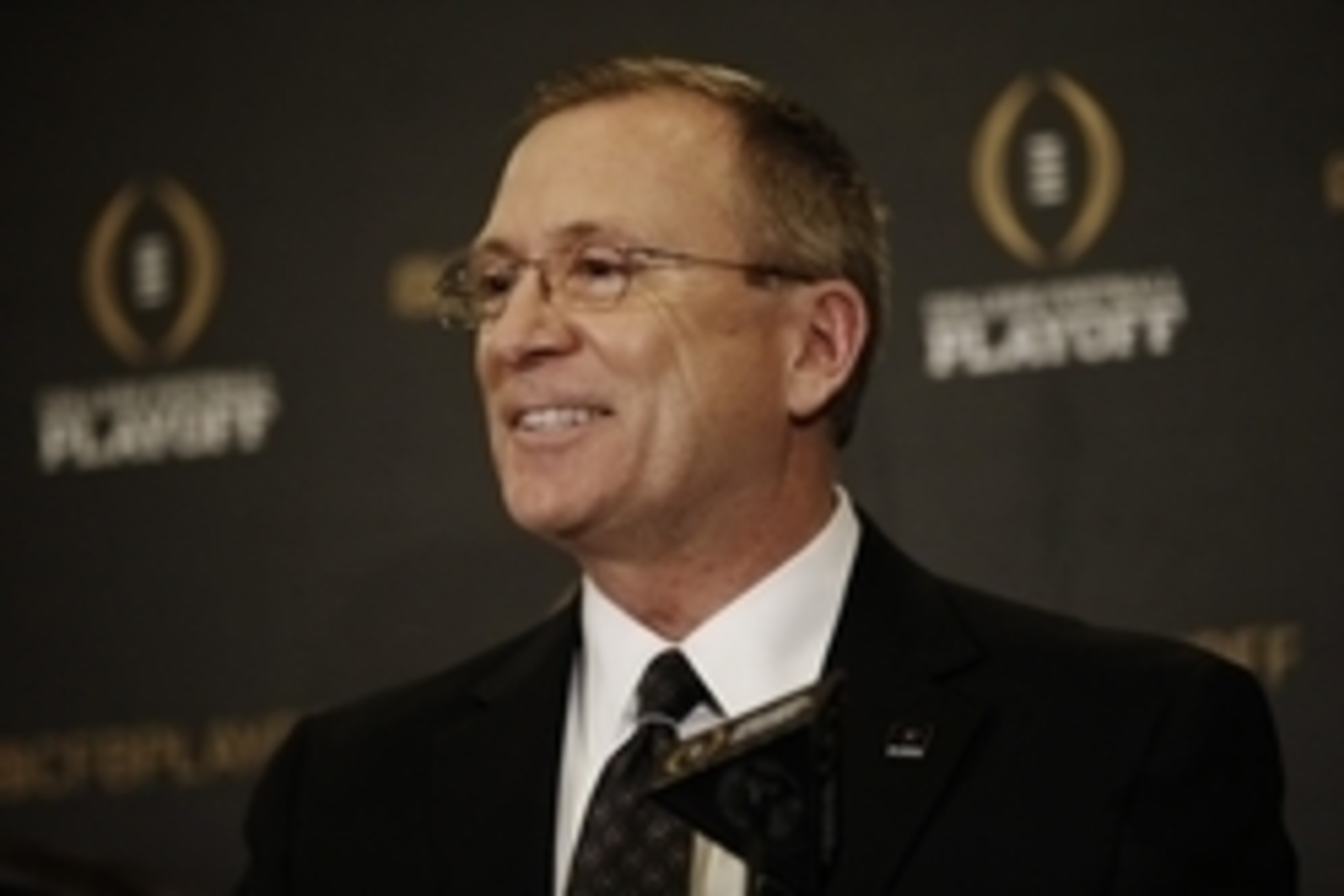 Oct 28, 2014; Grapevine, TX, USA;  Selection committee chair Jeff Long speaks to the media after unveiling the top 25 teams in the initial college football playoff rankings at the Gaylord Texan Hotel. Mandatory Credit: Kevin Jairaj-USA TODAY Sports
