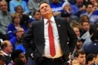 Nov 18, 2014; Indianapolis, IN, USA; Kansas Jayhawks Coach Bill Self reacts to his team's play against the Kentucky Wildcats in the 1st half of the State Farm Champions Classic at Bankers Life Fieldhouse. Mandatory Credit: Porter Binks-USA TODAY Sports