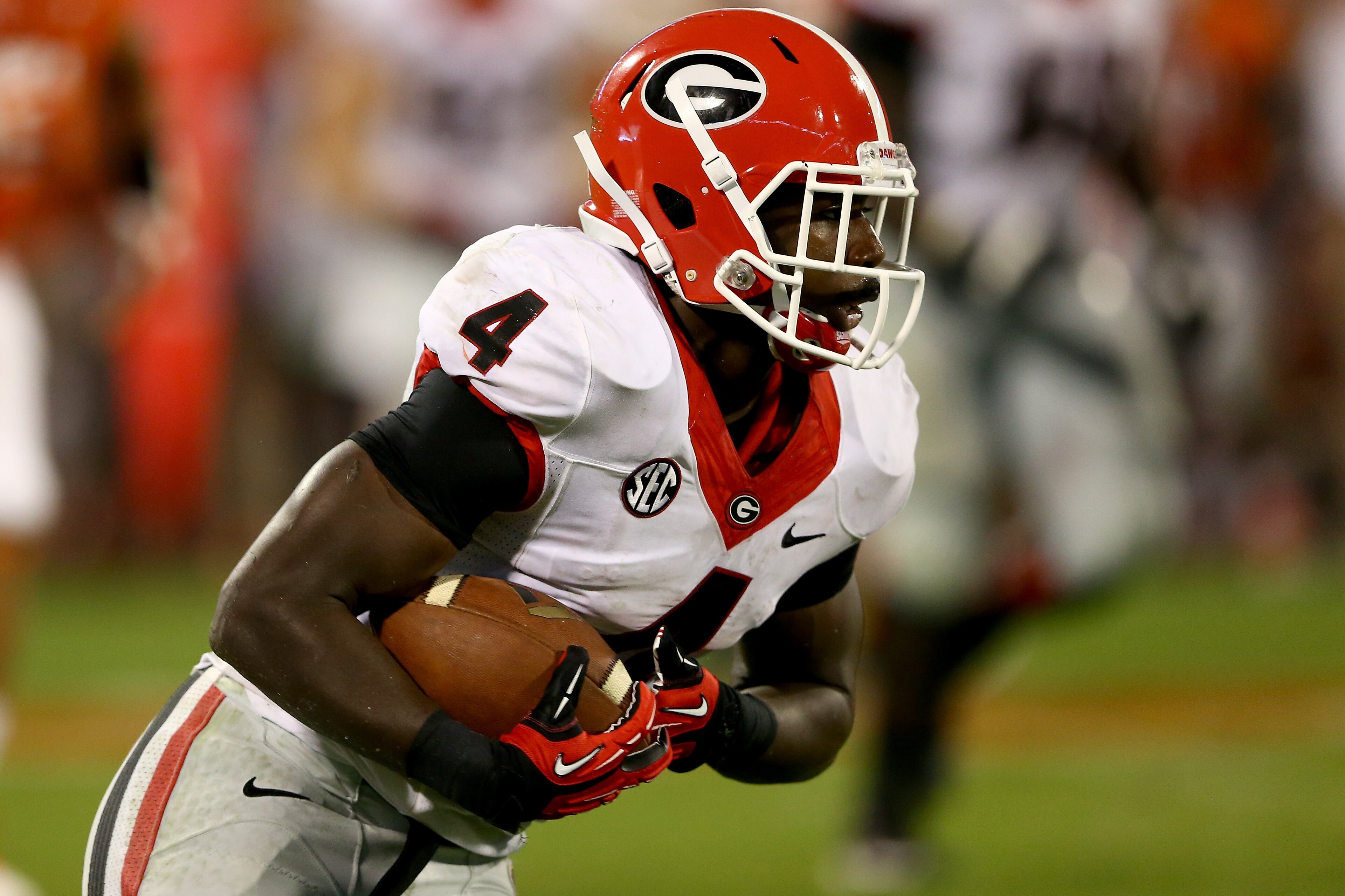 CLEMSON, SC - AUGUST 31:  Keith Marshall #4 of the Georgia Bulldogs during their game at Memorial Stadium on August 31, 2013 in Clemson, South Carolina.  (Photo by Streeter Lecka/Getty Images)