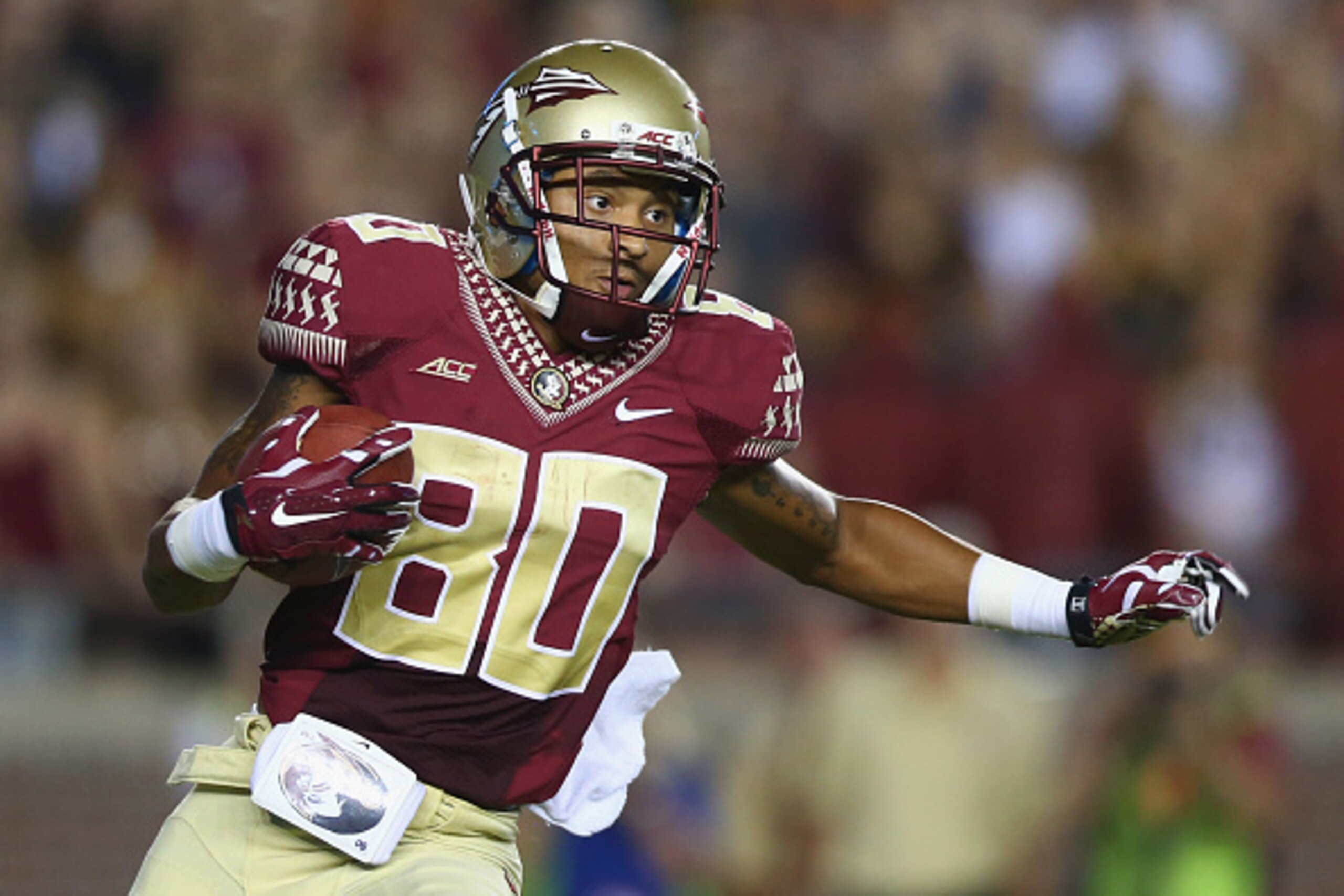 TALLAHASSEE, FL - SEPTEMBER 20:  Rashad Greene #80 of the Florida State Seminoles runs the ball against the Clemson Tigers at Doak Campbell Stadium on September 20, 2014 in Tallahassee, Florida.  (Photo by Ronald Martinez/Getty Images)