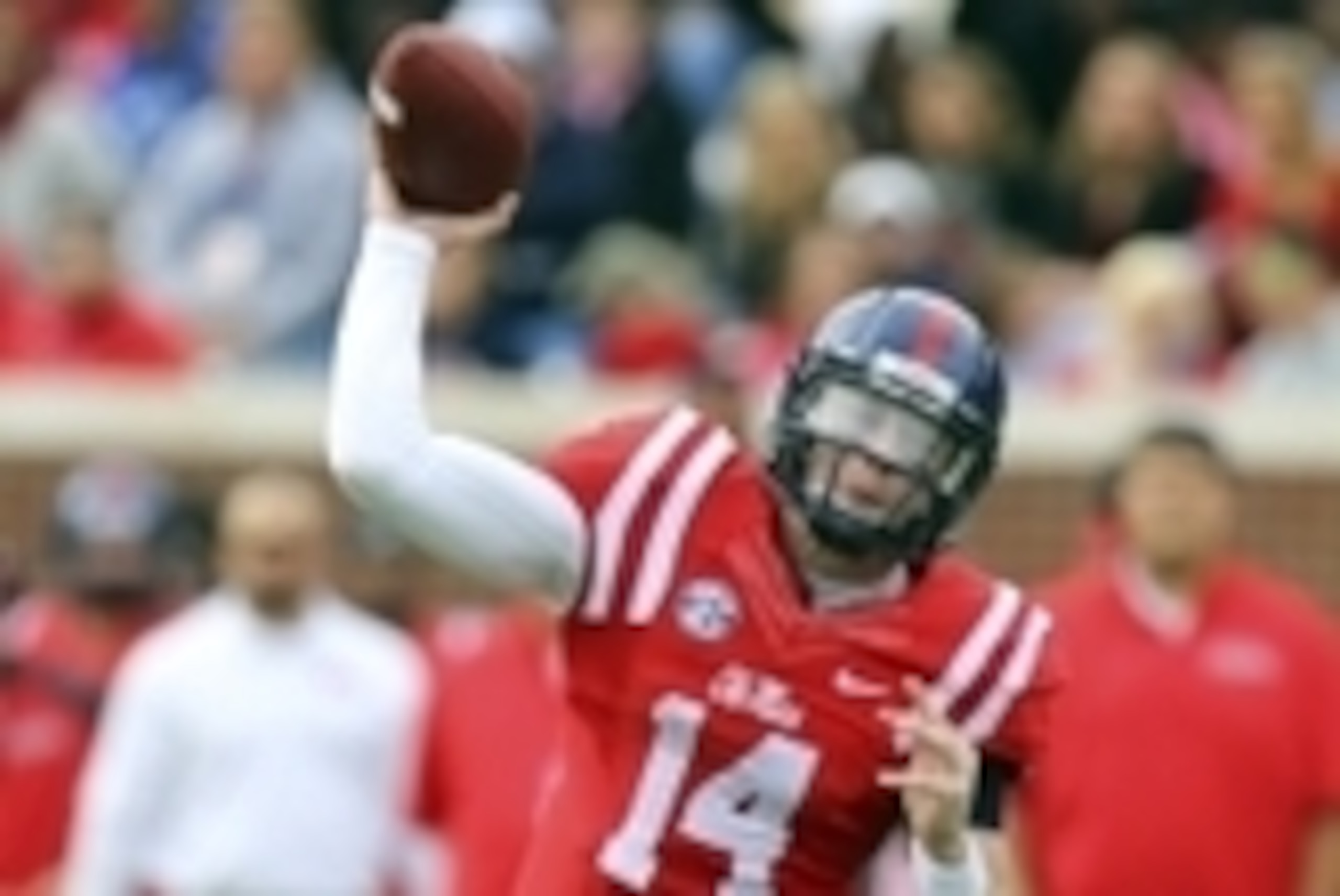 Nov 8, 2014; Oxford, MS, USA; Mississippi Rebels quarterback Bo Wallace (14) passes the ball during the game against the Presbyterian Blue Hose at Vaught-Hemingway Stadium. Mandatory Credit: Spruce Derden-USA TODAY Sports