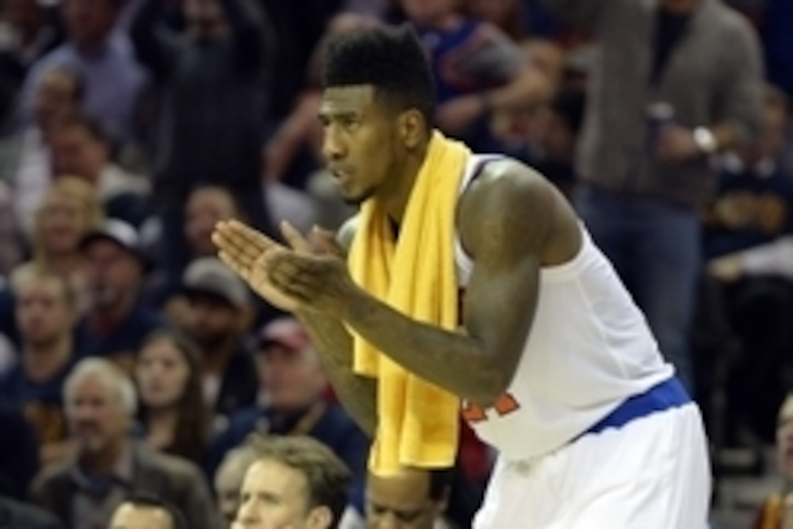 Oct 30, 2014; Cleveland, OH, USA; New York Knicks guard Iman Shumpert (21) reacts against the Cleveland Cavaliers at Quicken Loans Arena. New York won 95-90. Mandatory Credit: David Richard-USA TODAY Sports