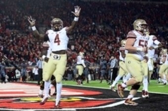 Oct 30, 2014; Louisville, KY, USA; Florida State Seminoles running back Dalvin Cook (4) celebrates after scoring a touchdown during the fourth quarter against the Louisville Cardinals at Papa John's Cardinal Stadium. Mandatory Credit: Andrew Weber-USA TOD