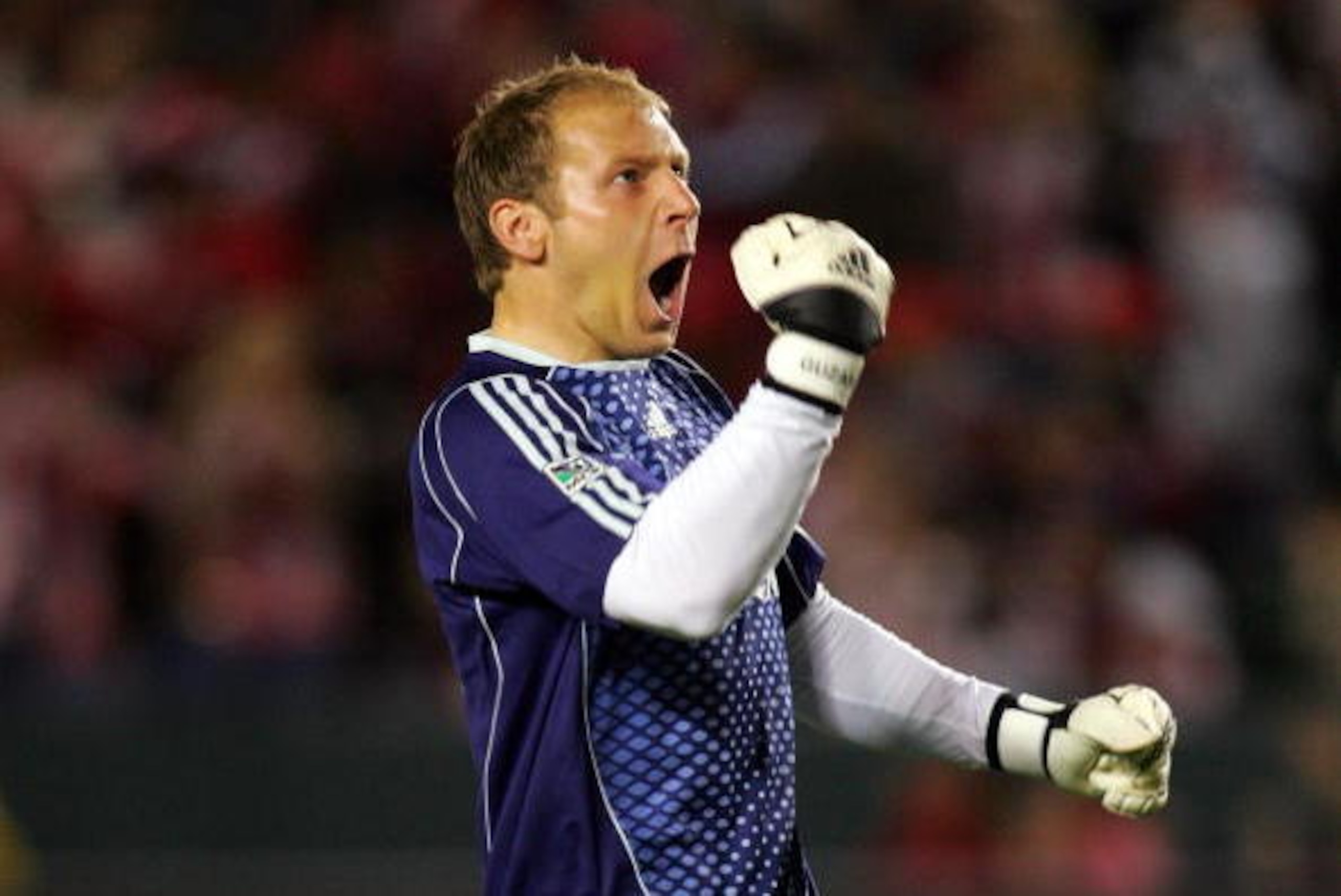 CARSON, CA - APRIL 05: Goalkeeper Brad Guzan #18 of CD Chivas USA reacts after a first half goal by teammate Sacha Kljestan (not in picture) against Real Salt Lake during their MLS game at the Home Depot Center on April 5, 2008 in Carson, California. (P CARSON, CA - APRIL 05: Goalkeeper Brad Guzan #18 of CD Chivas USA reacts after a first half goal by teammate Sacha Kljestan (not in picture) against Real Salt Lake during their MLS game at the Home Depot Center on April 5, 2008 in Carson, California. (P