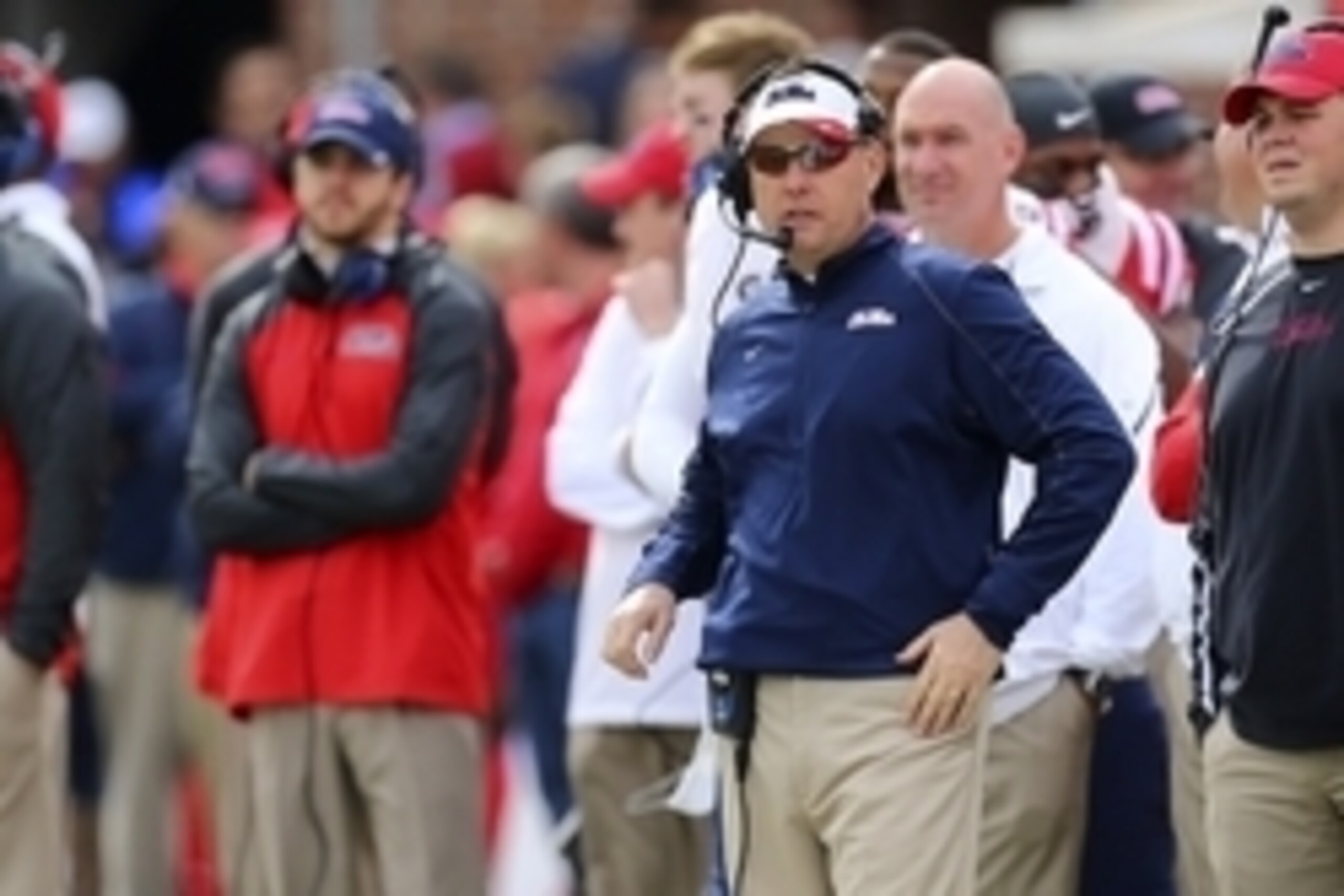 Nov 8, 2014; Oxford, MS, USA; Mississippi Rebels head coach Hugh Freeze during the game against the Presbyterian Blue Hose at Vaught-Hemingway Stadium. Mississippi defeated Presbyterian, 48-0.  Mandatory Credit: Spruce Derden-USA TODAY Sports
