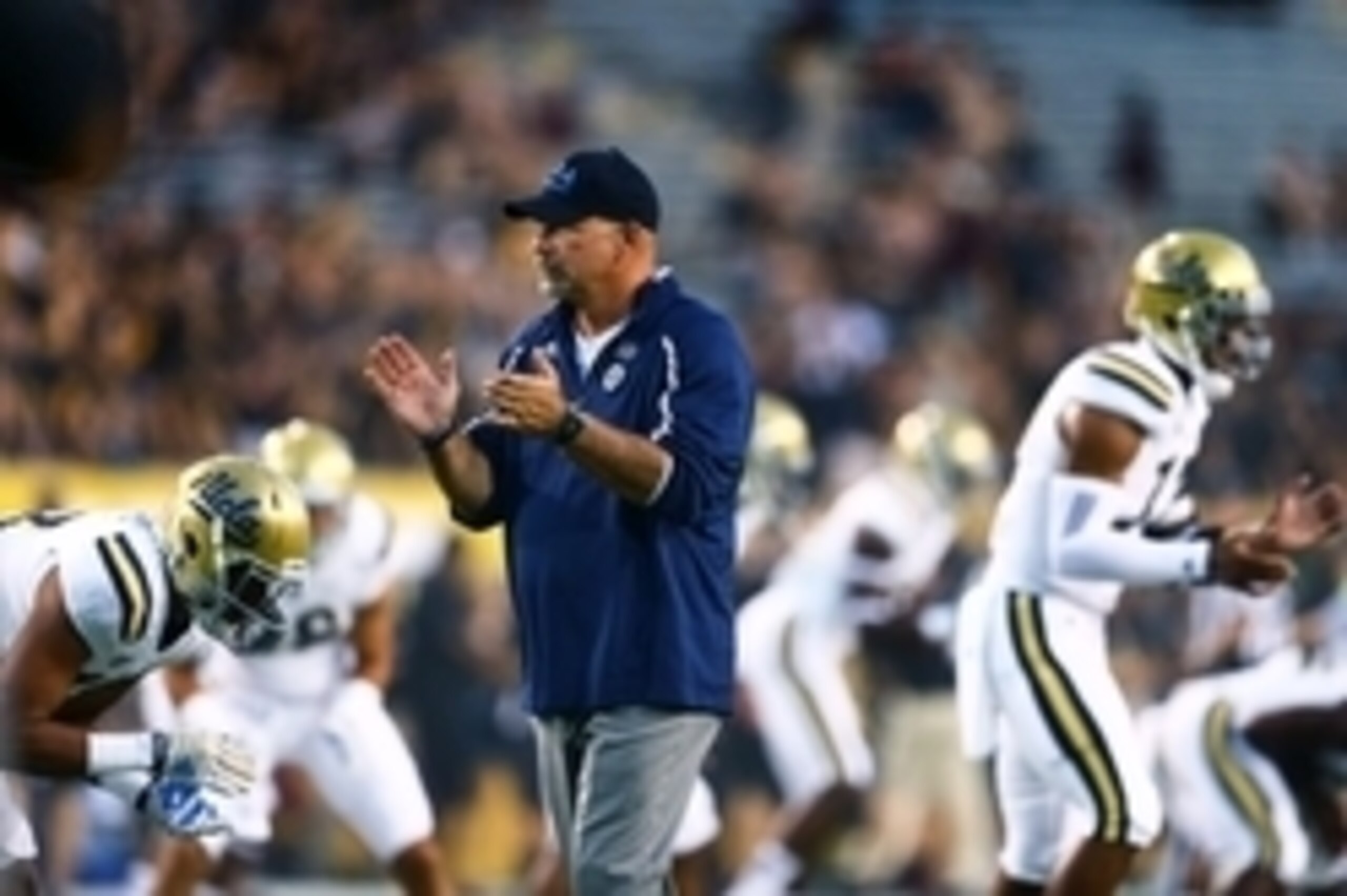 Sep 25, 2014; Tempe, AZ, USA; UCLA Bruins offensive coordinator Noel Mazzone against the Arizona State Sun Devils at Sun Devil Stadium. Mandatory Credit: Mark J. Rebilas-USA TODAY Sports