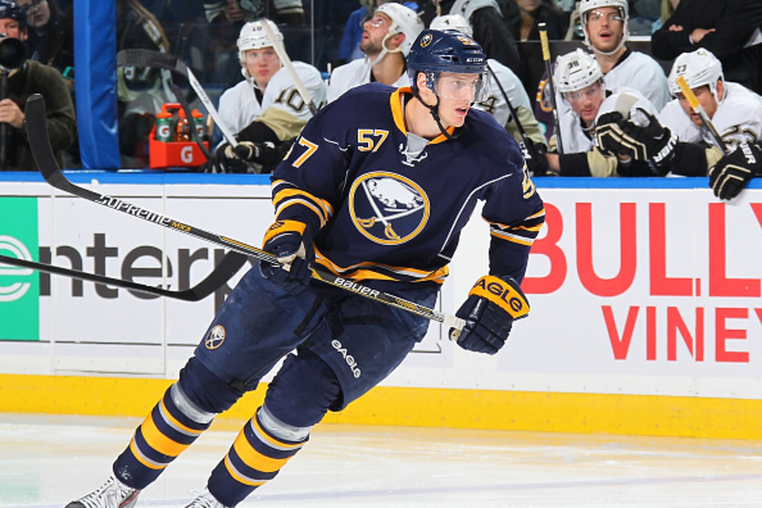BUFFALO, NY - NOVEMBER 08:  Tyler Myers #57 of the Buffalo Sabres skates against the Pittsburgh Penguins on November 8, 2014 at the First Niagara Center in Buffalo, New York.  (Photo by Bill Wippert/NHLI via Getty Images)