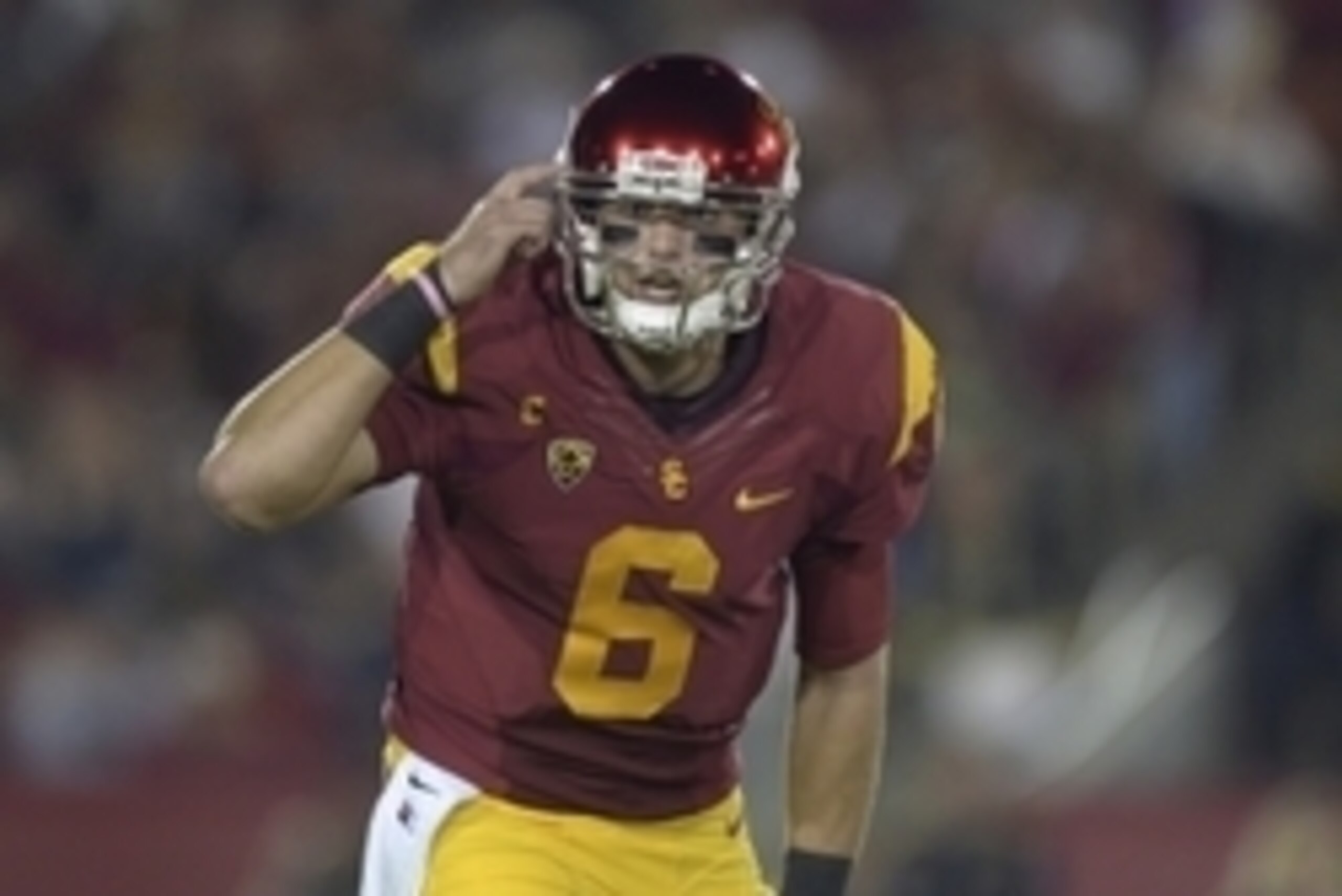 Nov 13, 2014; Los Angeles, CA, USA; Southern California Trojans quarterback Cody Kessler (6) gestures against the California Golden Bears at Los Angeles Memorial Coliseum. Mandatory Credit: Kirby Lee-USA TODAY Sports