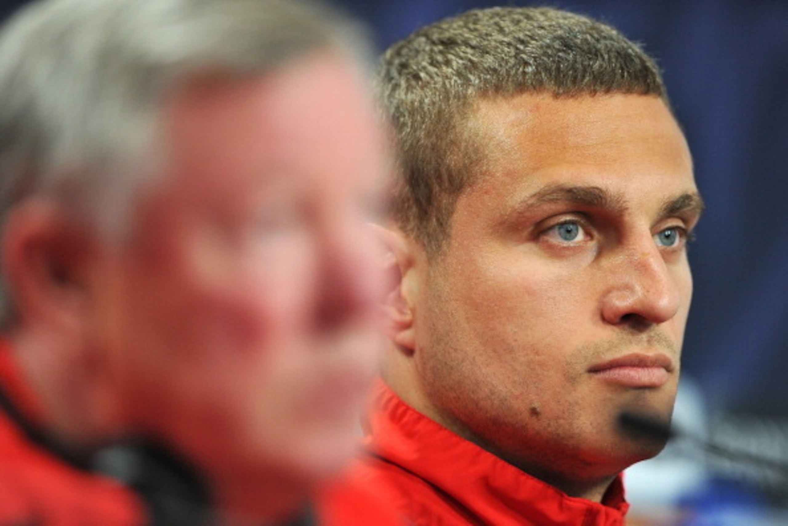LONDON, ENGLAND - MAY 27:  In this UEFA handout image Nemanja Vidic listens during the Manchester United press conference ahead of the UEFA Champions League Final against FC Barcelona at Wembley Stadium on May 27, 2011 in London, England.  (Photo by UEFA/