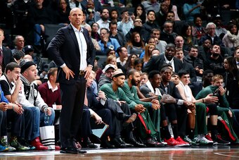 NEW YORK, NY - NOVEMBER 19: Jason Kidd of the Milwaukee Bucks stands on the court during a game against the Brooklyn Nets at the Barclays Center on November 19, 2014 in in the Brooklyn borough of New York City, New York. NOTE TO USER: User expressly ackno