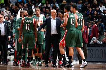 NEW YORK, NY - NOVEMBER 19: Head Coach Jason Kidd and the Milwaukee Bucks speak during a game against the Brooklyn Nets at the Barclays Center on November 19, 2014 in in the Brooklyn borough of New York City, New York. NOTE TO USER: User expressly acknowl